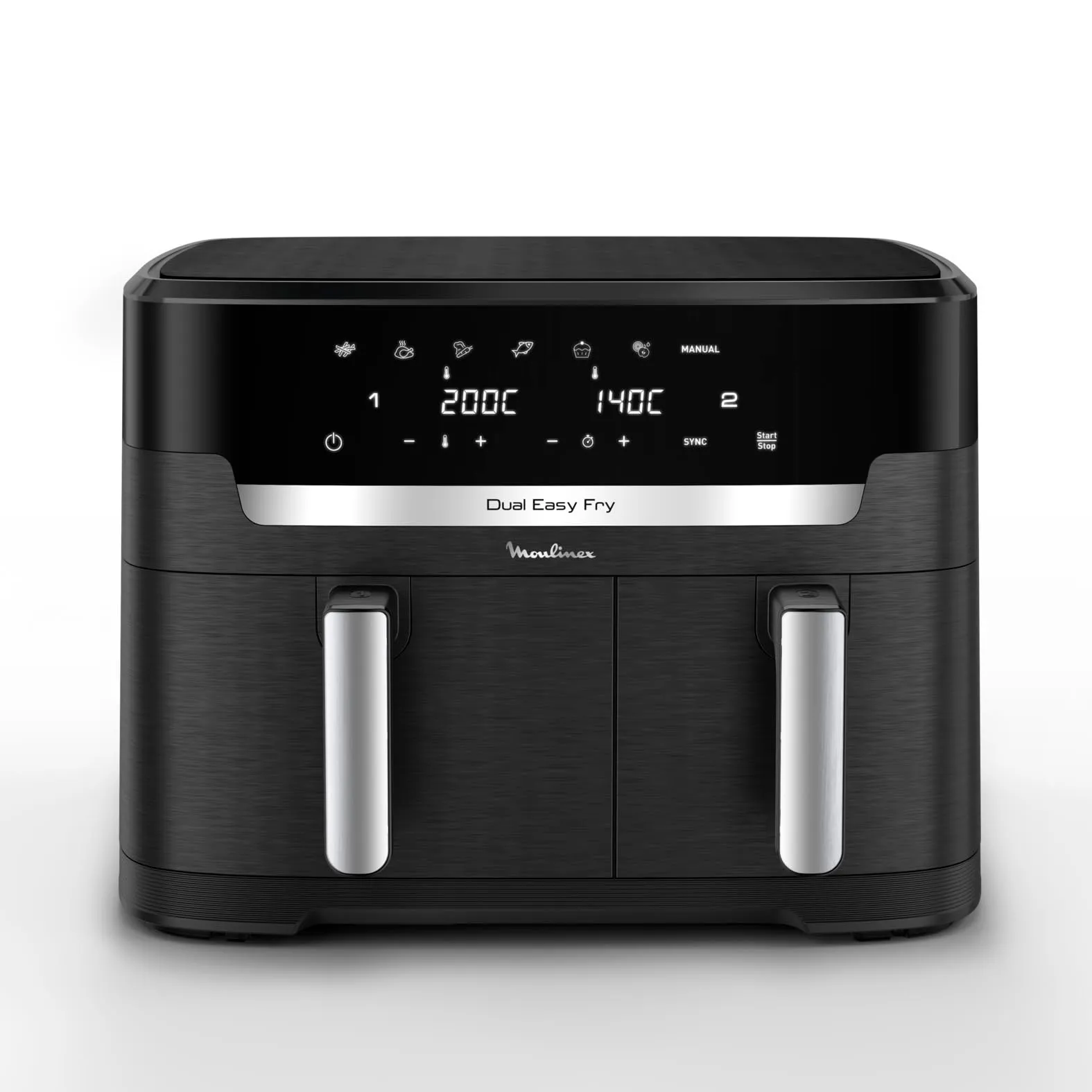 Moulinex Dual Easy Fry XXL, Friggitrice ad Aria 11 Litri, Doppio Cestello Antiaderente Lavabile in Lavastoviglie, Basso Consumo Energetico, 7 Modalità, App Ricette, Colore Nero, EZ9428