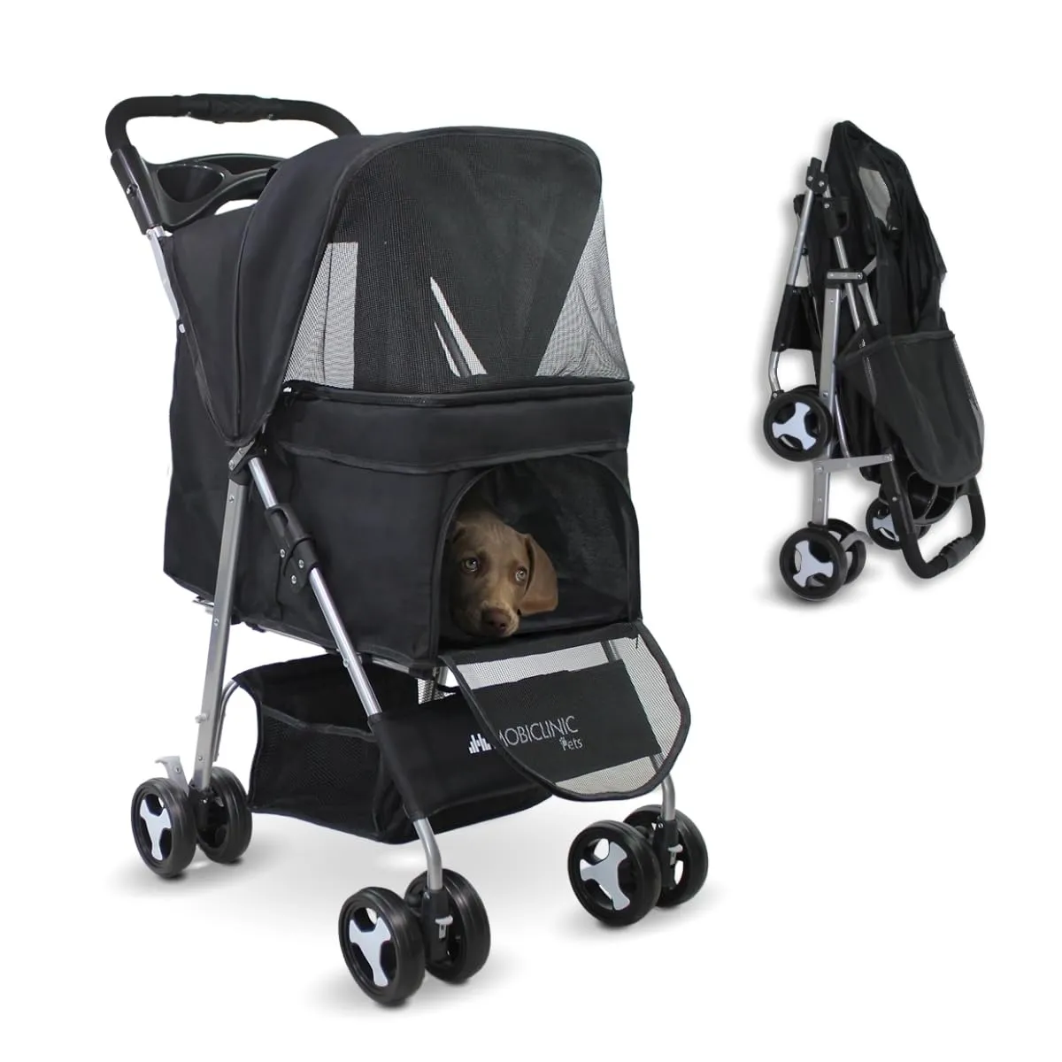 Mobiclinic® pets, Passeggino per cani, Ideale di piccola taglia e anziani, Zuma, Fino a 15 kg, Ruote con freni 360°, Cestino xxl, 3 finestre cerniera zanzariera, Portabicchieri (nero)