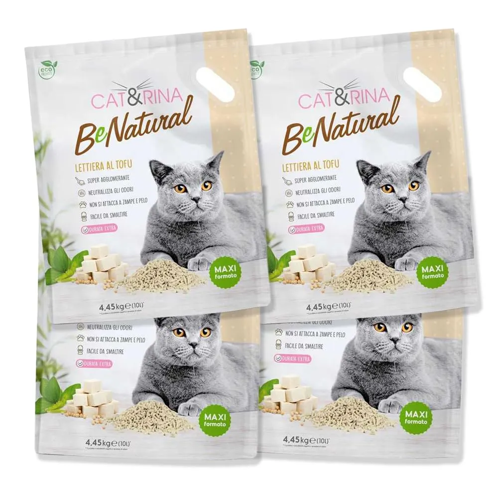Cat&Rina BeNatural, lettiera per gatti al tofu da 10 l Agglomerante e Vegetale. Fino a 60 giorni di utilizzo. Si smaltisce nell'organico o nel wc. Sabbia anti odore Classica, 4 pezzi
