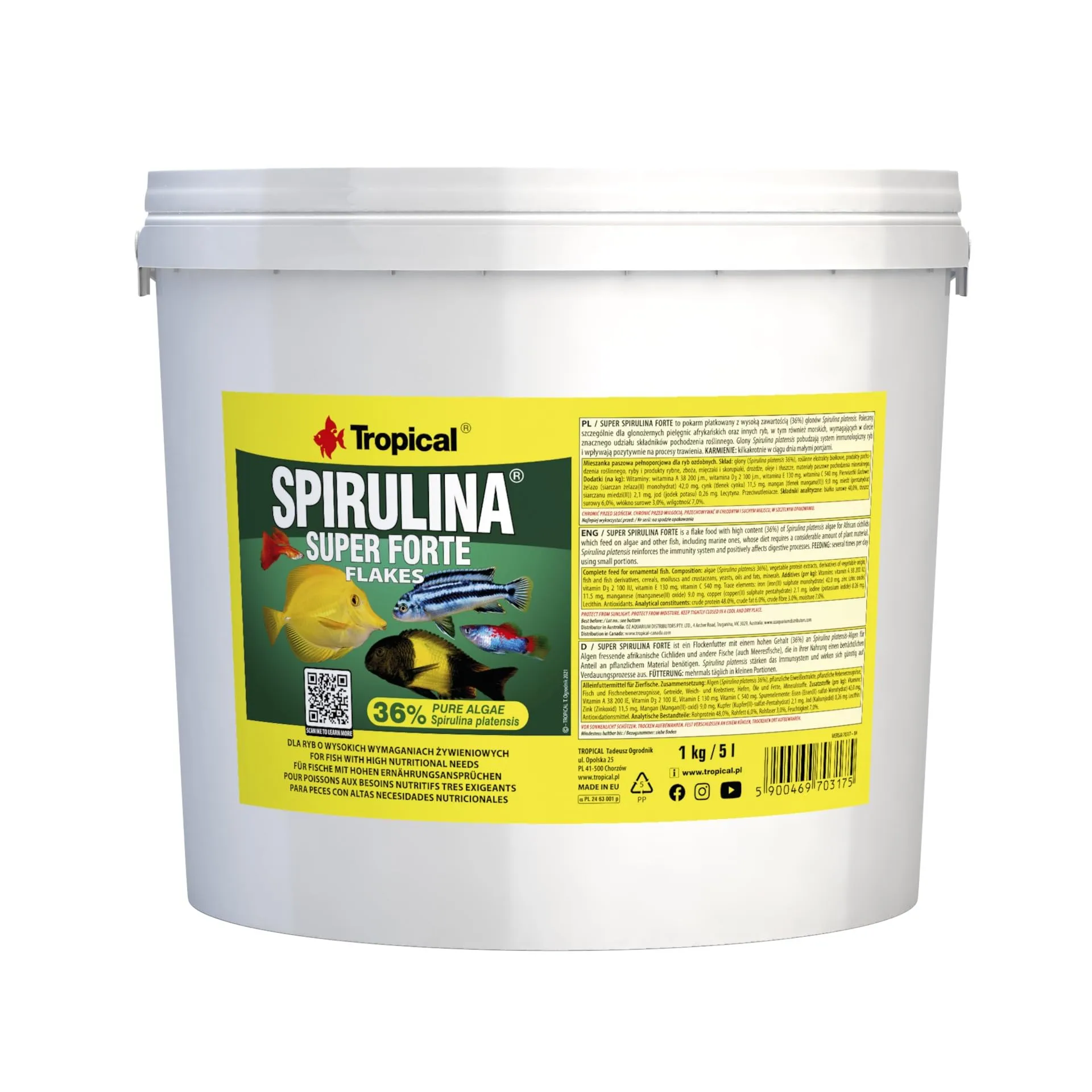 Super SPIRULINA Forte 36% 5L / 1kg - per Pesci con Elevate Esigenze nutrizionali, sotto Forma di Scaglie