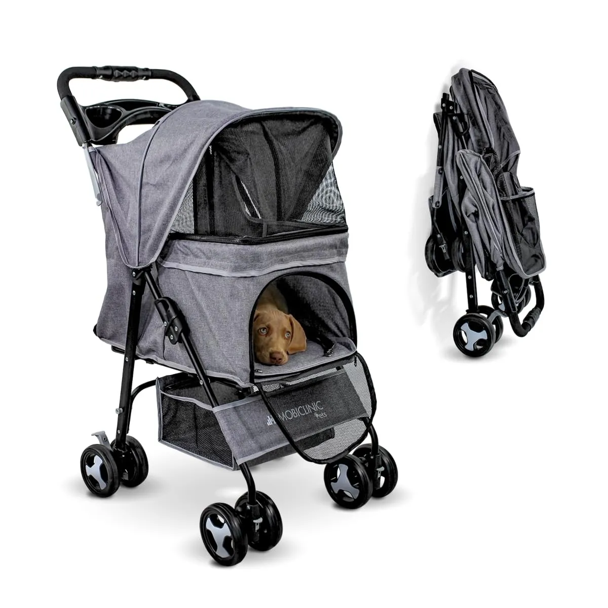 Mobiclinic® pets, Passeggino per cani, Ideale di piccola taglia e anziani, Zuma, Fino a 15 kg, Ruote con freni 360°, Cestino xxl, 3 finestre cerniera zanzariera, Portabicchieri