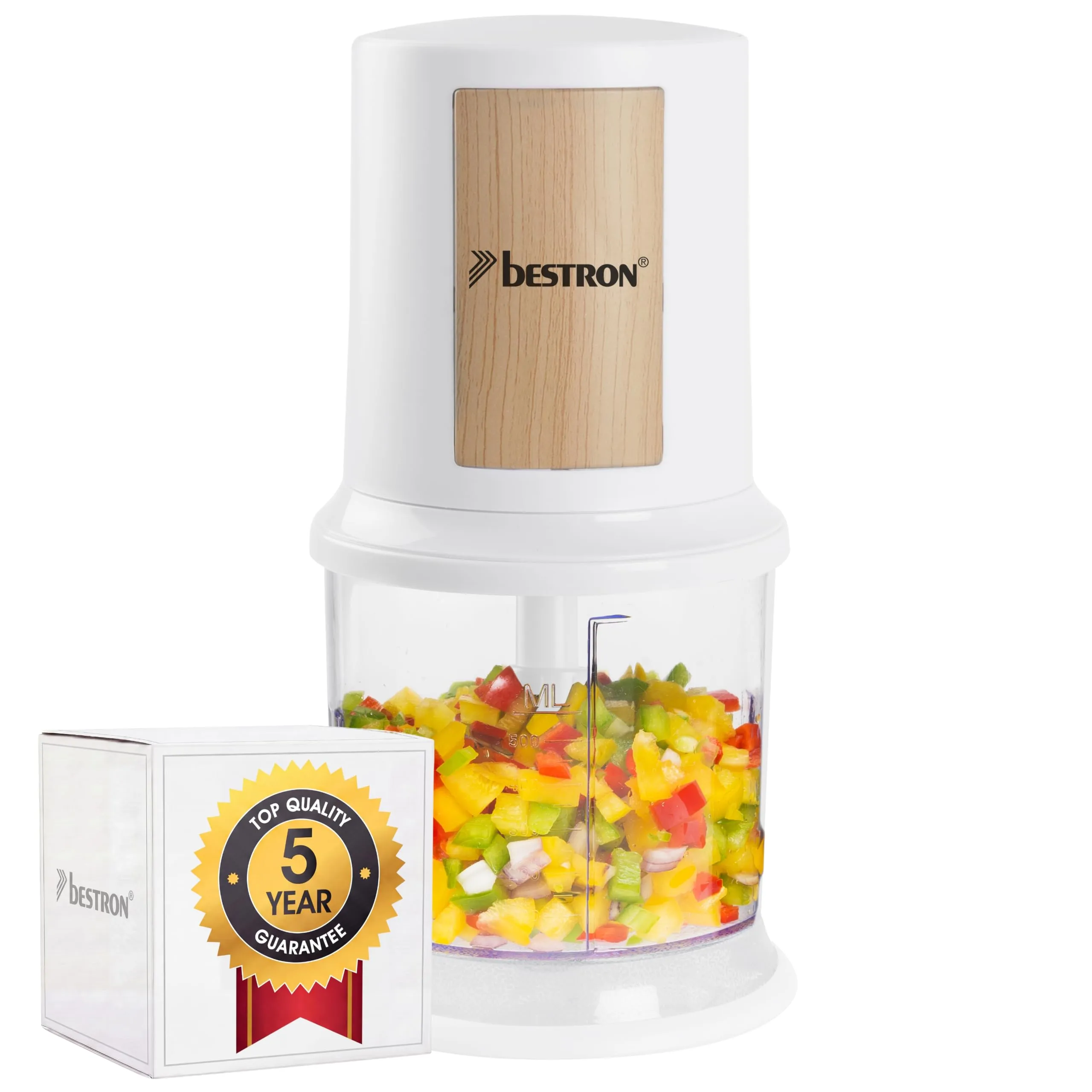Bestron AKC200NH - Tritatutto elettrico multifunzione con due lame da taglio e capacità da 500 ml, grande pulsante a impulsi, 3.000 giri/min, collezione Nordic Home, colore: bianco opaco/legno