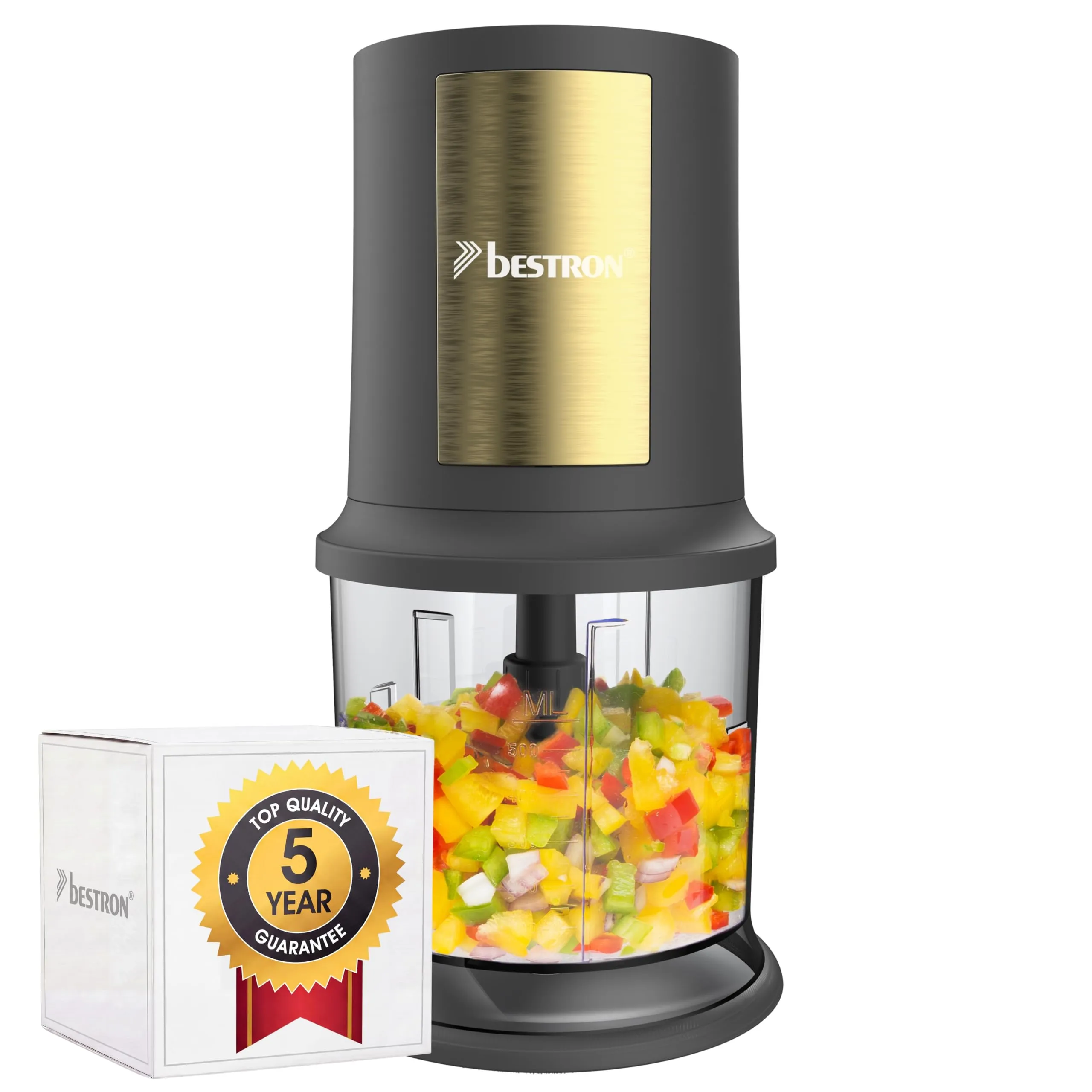 Bestron AKC200GP - Tritatutto elettrico multifunzione con due lame da taglio e capacità da 500 ml, grande pulsante a impulsi, 3.000 giri/min, collezione Golden Platin, colore: oro/grigio opaco
