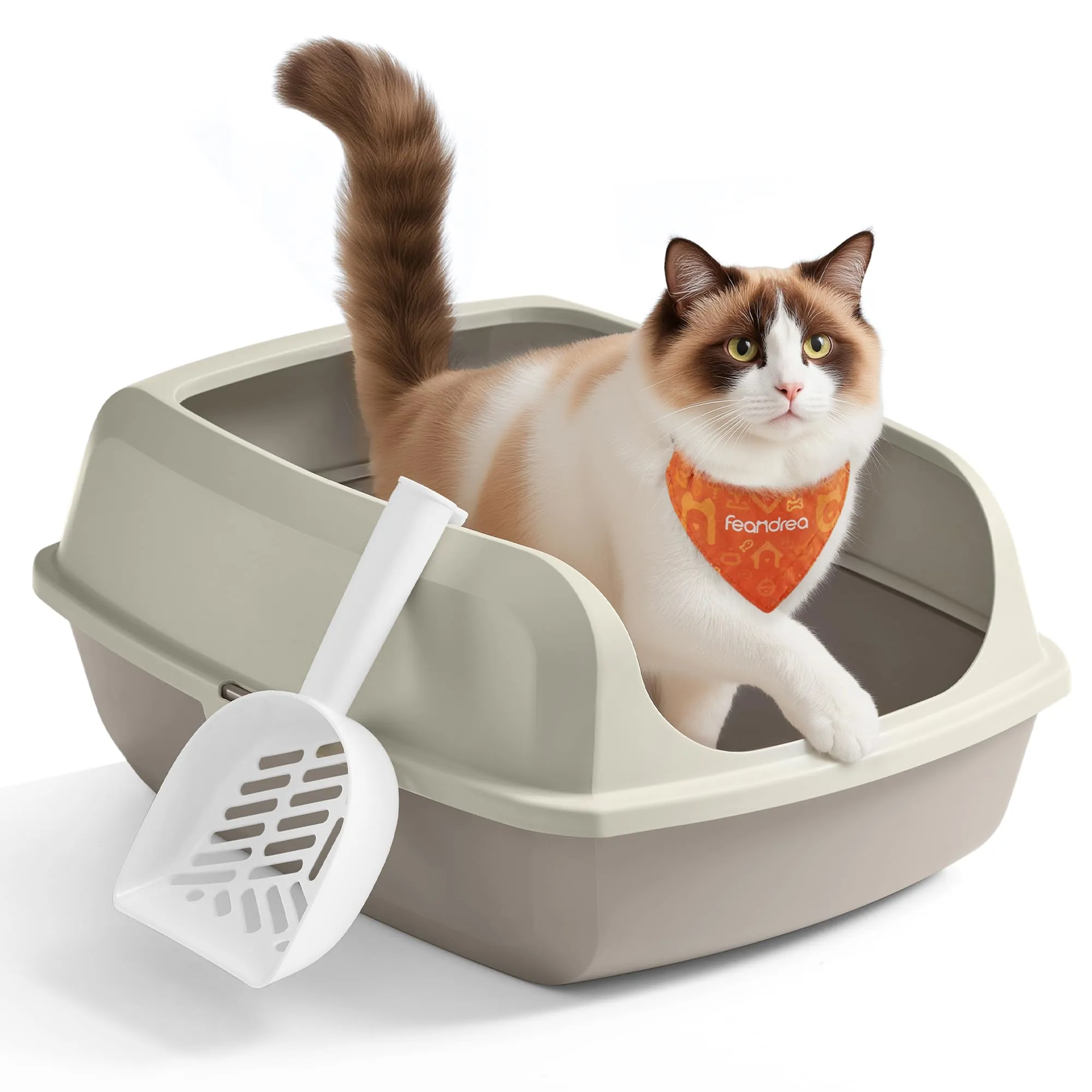 Feandrea Vassoio Lettiera per Gatti con Bordi Alti, XXL, Aperto con Paletta, per Gattini e Gatti Grandi, Beige Cappuccino PPT010LH01