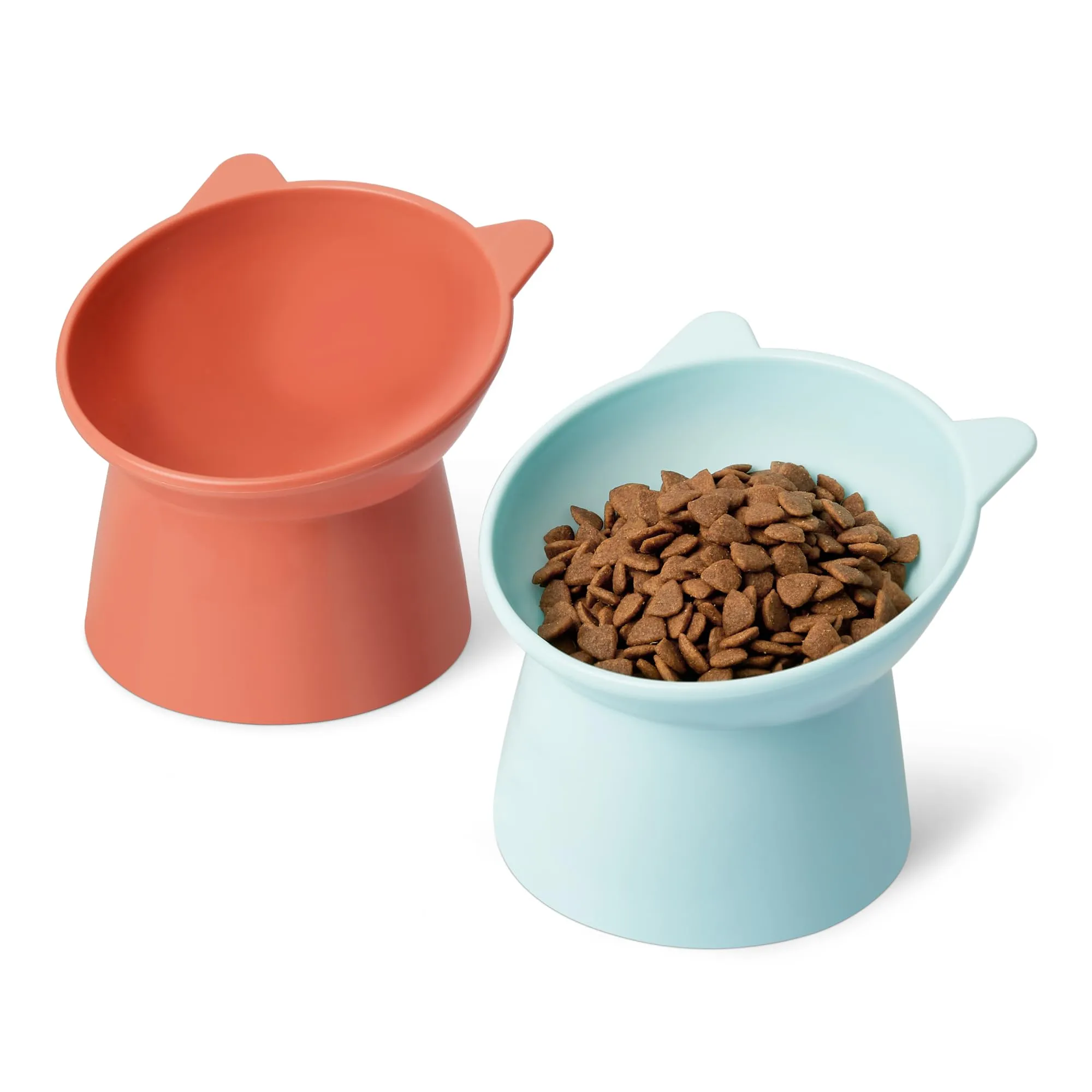Amazon Basics, Ciotole Rialzate per Gatti, a Forma di Orecchio di Gatto, Confezione da 2, 13,2 × 13,2 × 11,4 cm, Arancione e Blu