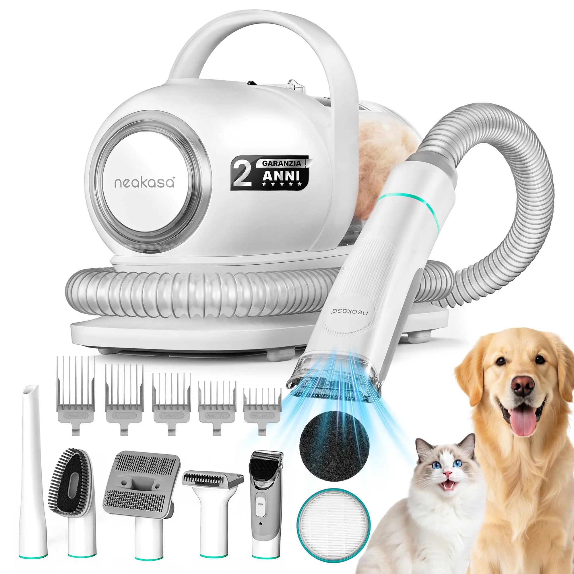Neakasa P1 PRO Kit per toelettatura e aspirazione a Vuoto per Animali Domestici, Tosatrice per Cani e Gatto Pelo Lungo Professionale (Bianco)