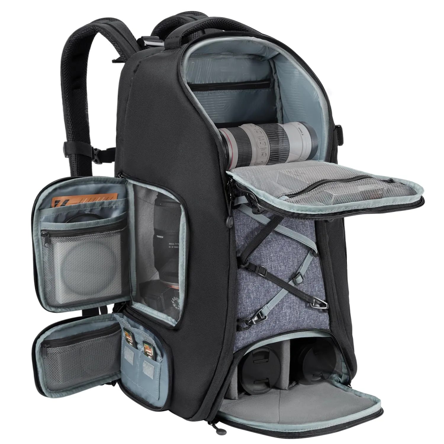 K&F CONCEPT Zaino Foto 30L 3 Scomparti Impermeabile Nero Grigio