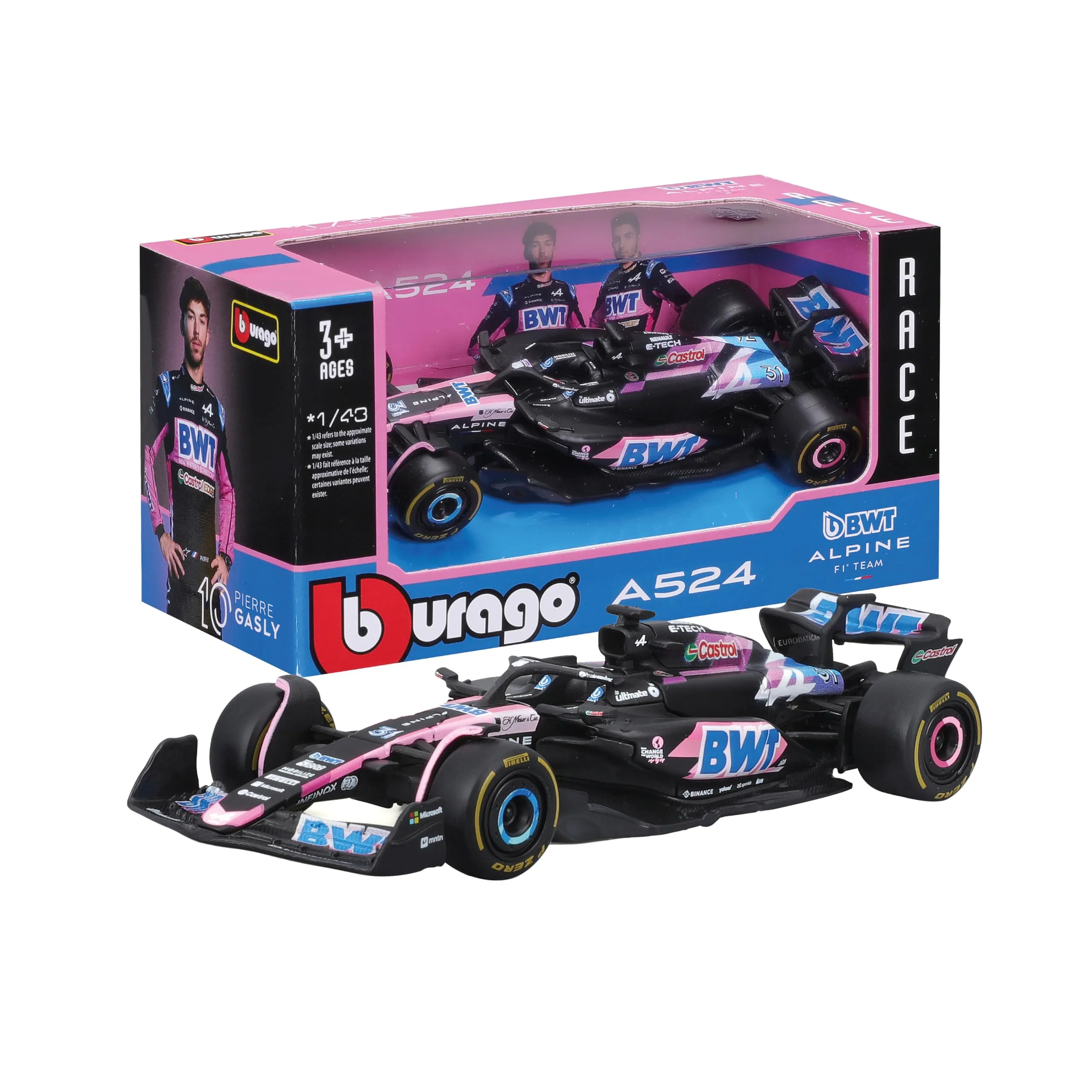 Bburago - BWT Alpine A524 Esteban Ocon #31 2024 - Modellino Realistico Auto in Scala 1:43, Guidata da Esteban Ocon, Licenza Ufficiale Renault, Età consigliata 3+ anni