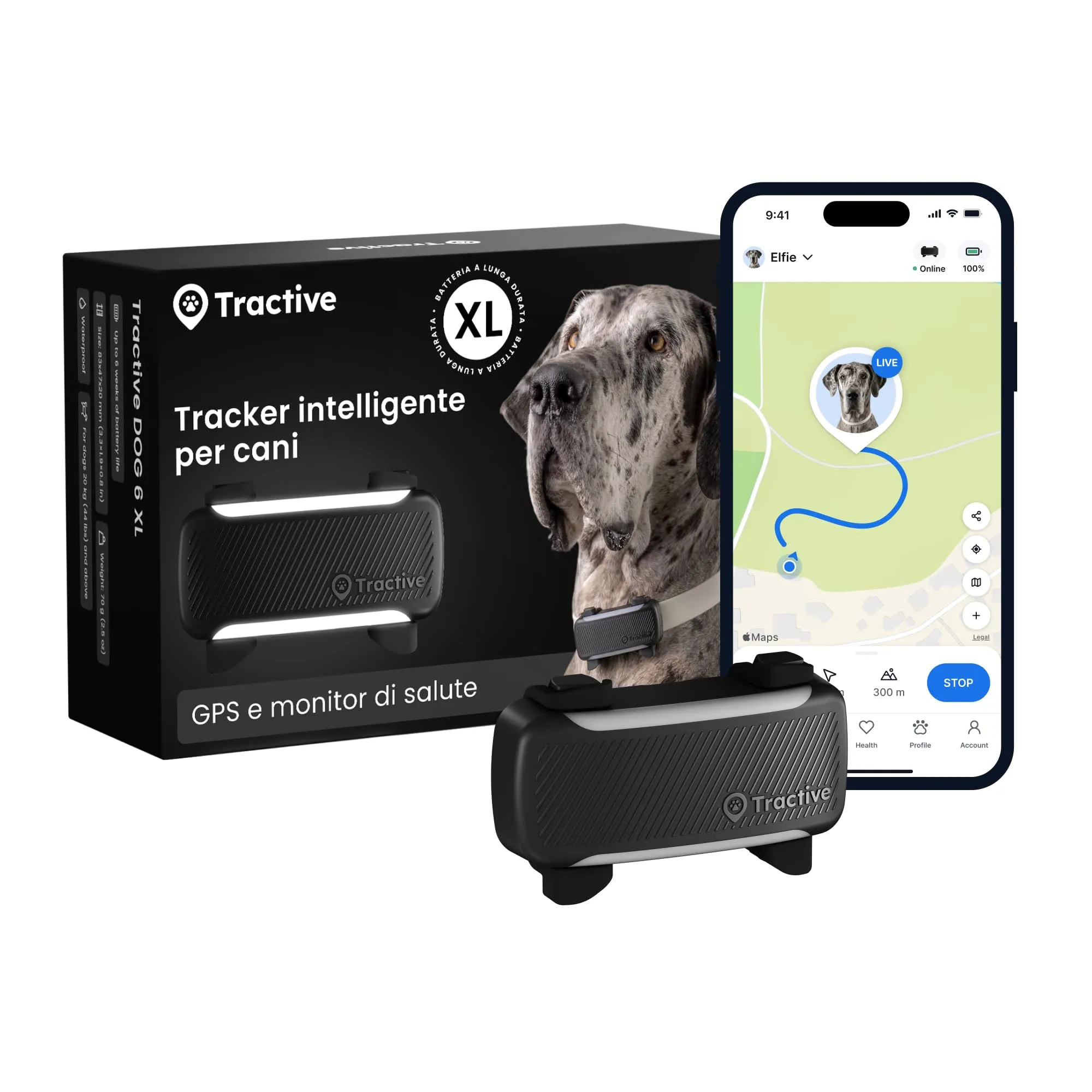 Tractive GPS Cane Intelligente XL | Edizione 2026 | Localizzazione GPS in Tempo Reale | Notifiche Antifuga e Avvisi di Salute | Monitoraggio dei Parametri Vitali | Batteria a Lunga Durata (Nero)