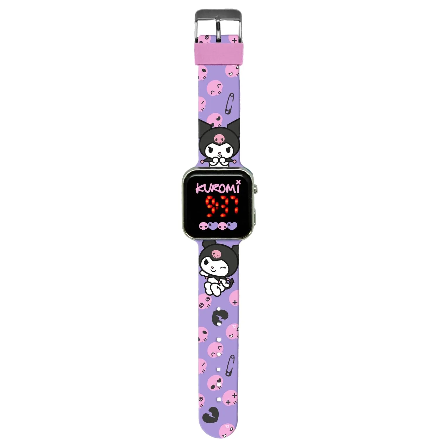 Kids Licensing - Orologio digitale a LED per bambini e bambine con personaggi, ha funzioni di ora, data e cinturino regolabile, Kuromi Viola, Kuromi
