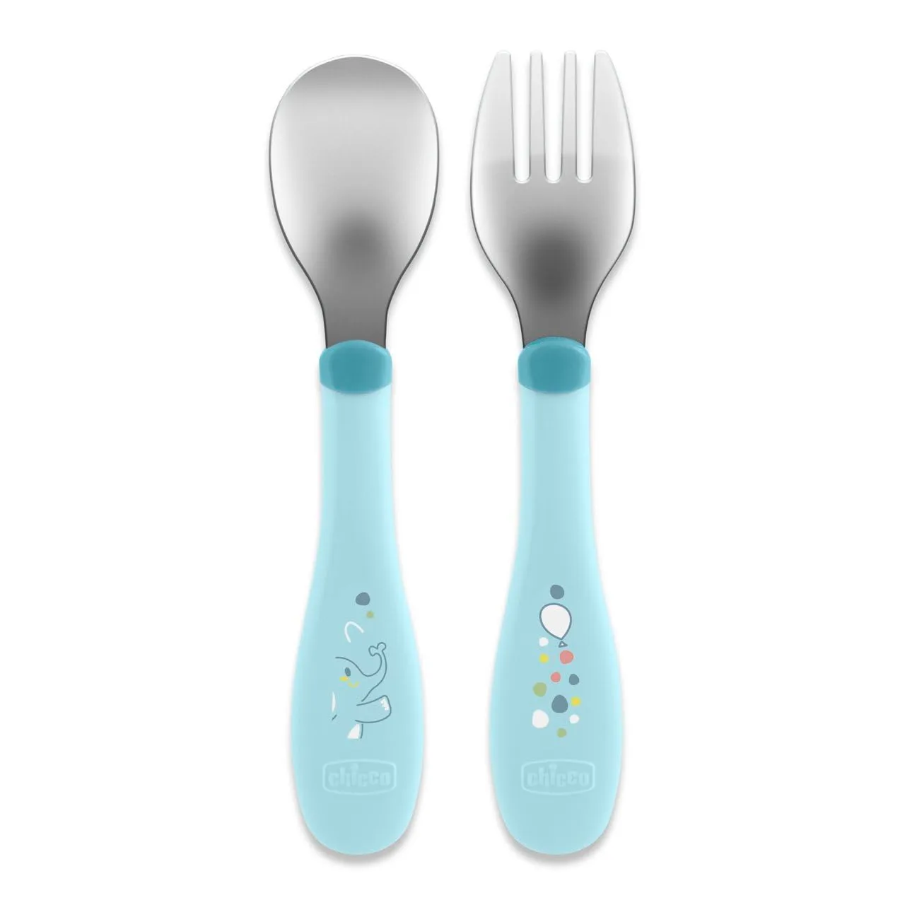 Chicco Posatine Inox, Posate Bambini, Set Pappa, Forchetta e Cucchiaio per Bambini, in Acciaio Inossidabile, Facili da Impugnare, Set Svezzamento Prima Pappa, 2 Pezzi, 18M+, Azzurro