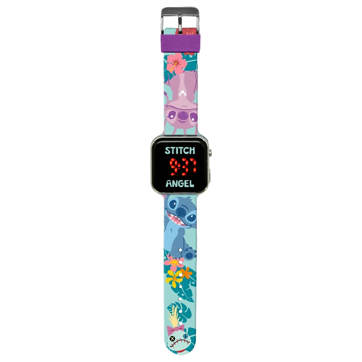 Kids Licensing - Orologio digitale a LED per bambini e bambine con personaggi, ha funzioni di ora, data e cinturino regolabile, rosso, Stitch Tropical