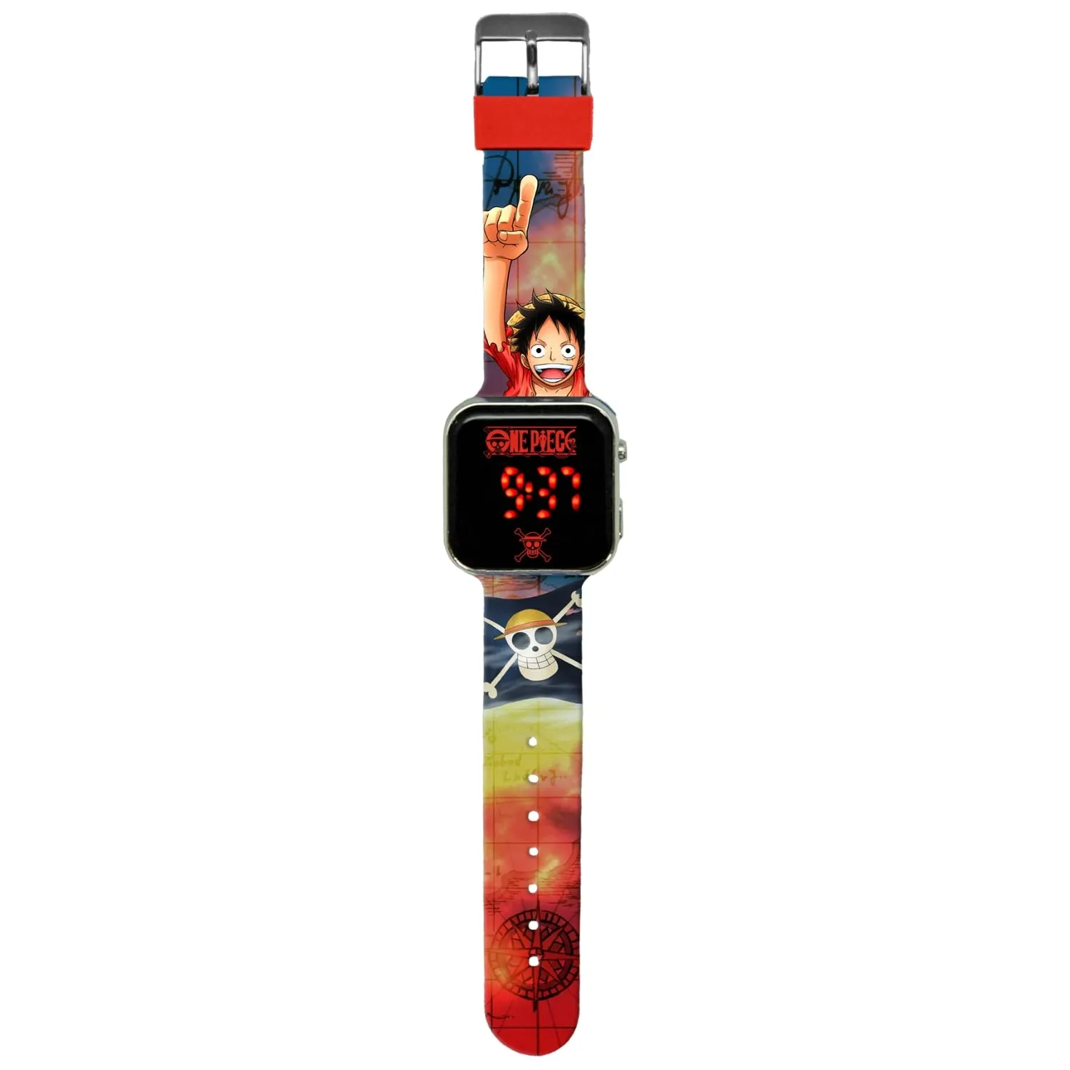 Kids Licensing - Orologio digitale a LED per bambini e bambine con personaggi, ha funzioni di ora, data e cinturino regolabile, One Piece, rosso, One Piece, rosso