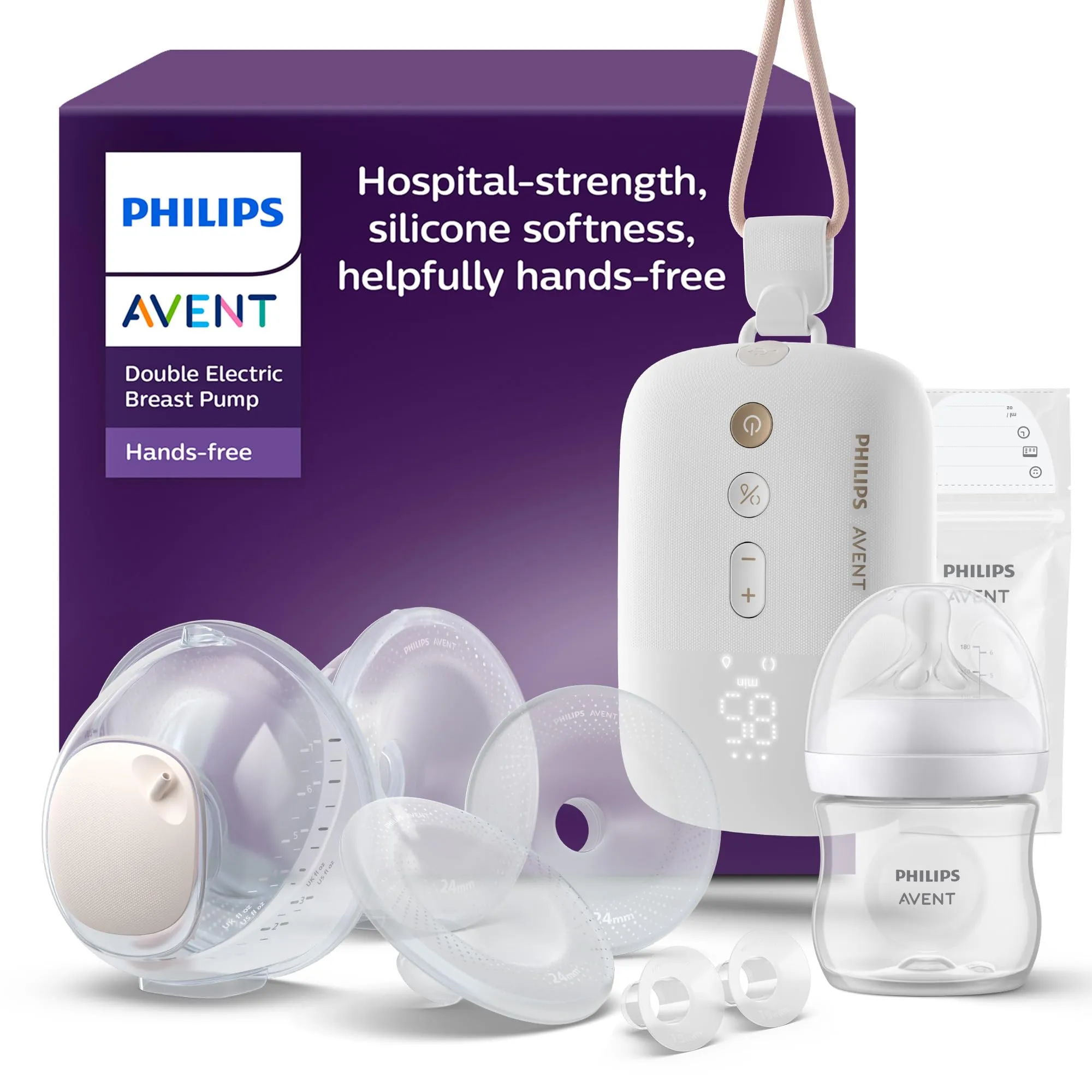 Philips Avent tiralatte elettrico doppio a mani libere, con motore di qualità ospedaliera, che imita il ritmo di suzione del bambino, estrazione fino a 85 volte al min, 2 vasetti, SCF547/11