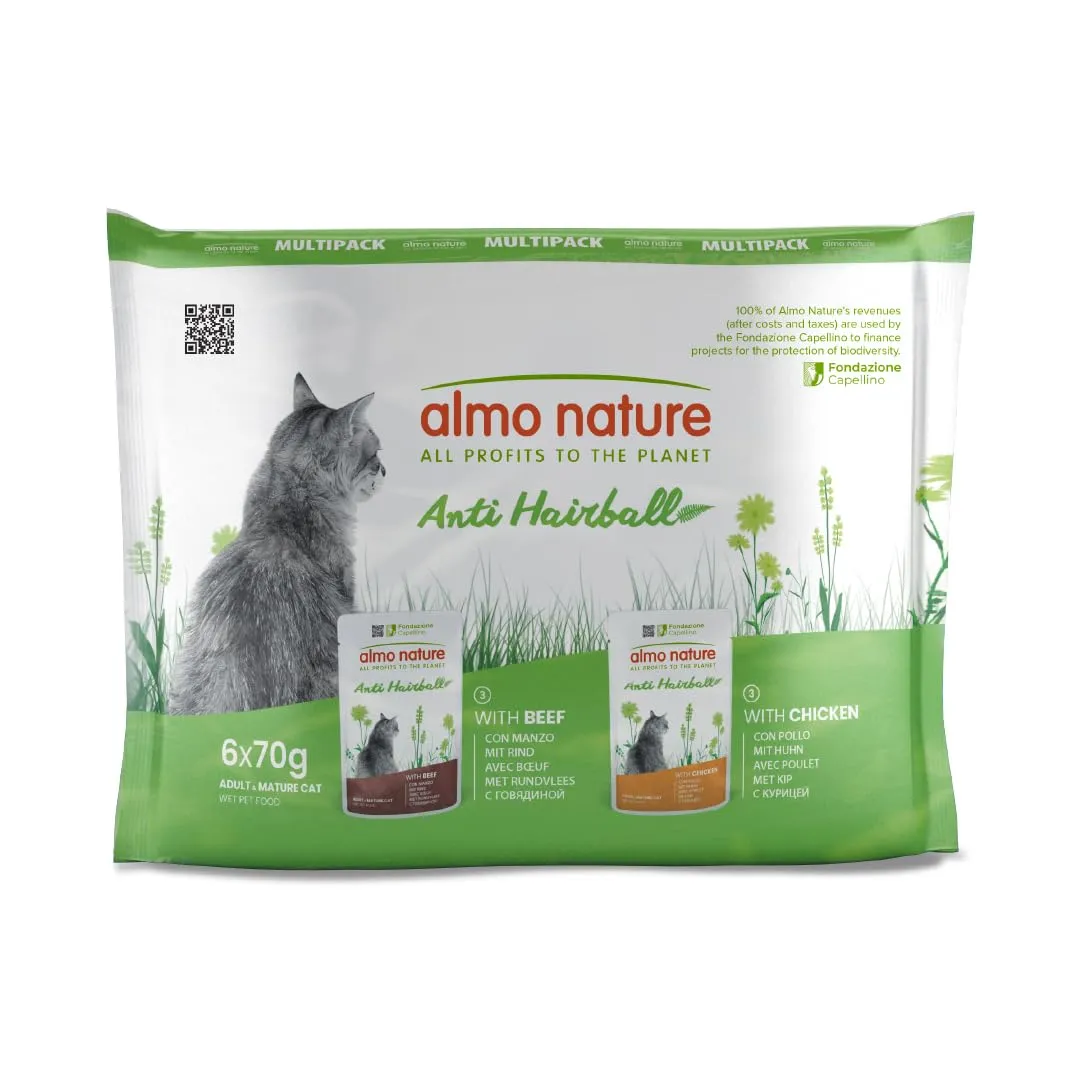 Almo Nature Functional - Anti Hairball - Alimento Umido per Gatti Adulti e Maturi - con Manzo, con Pollo - Contrasta la Formazione dei Boli di Pelo - 70g (Confezione da 6)