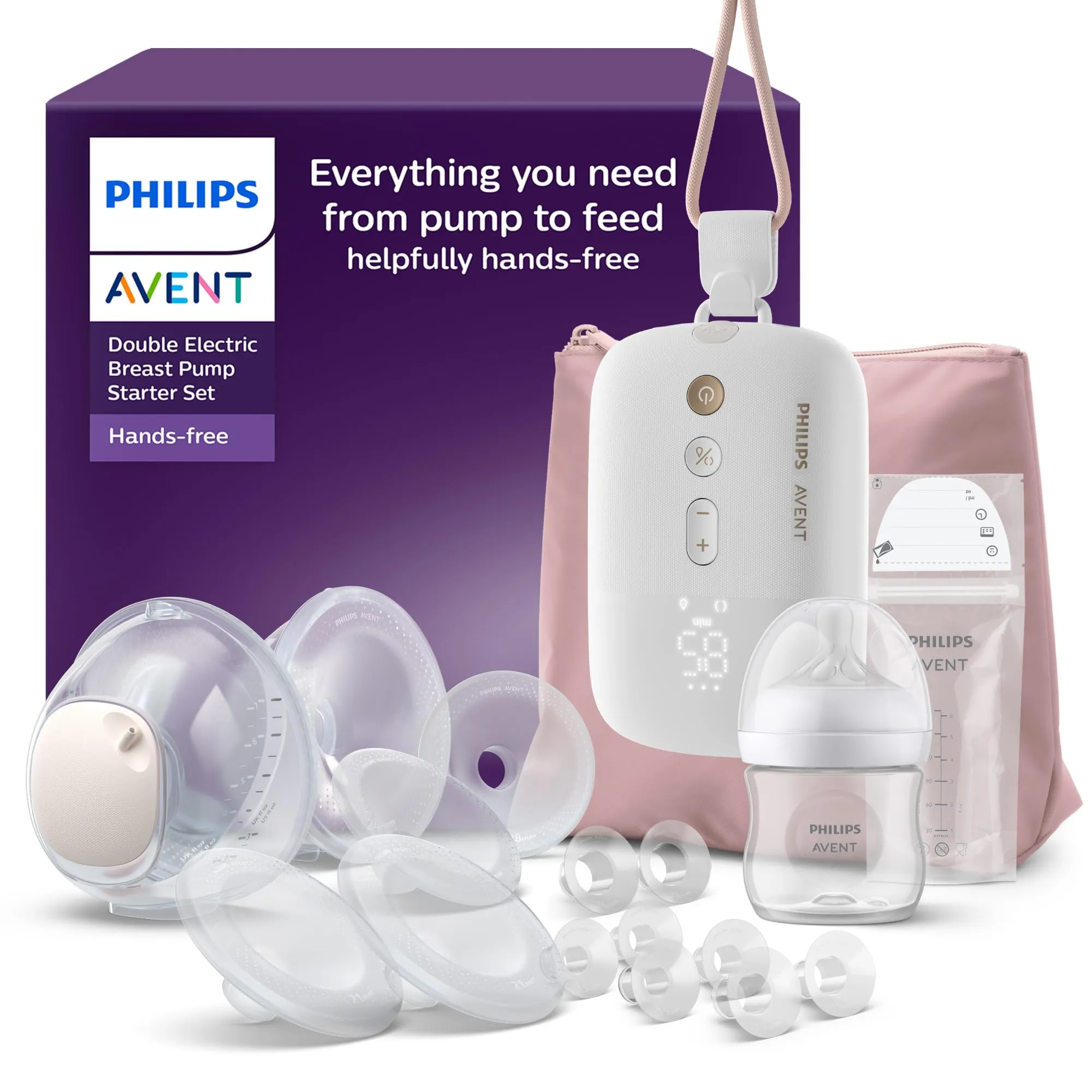 Philips Avent set per i primi allattamenti con tiralatte a mani libere, con motore di qualità ospedaliera, che imita il ritmo di suzione del bambino, estrazione fino a 85 volte al minuto, SCD553/11