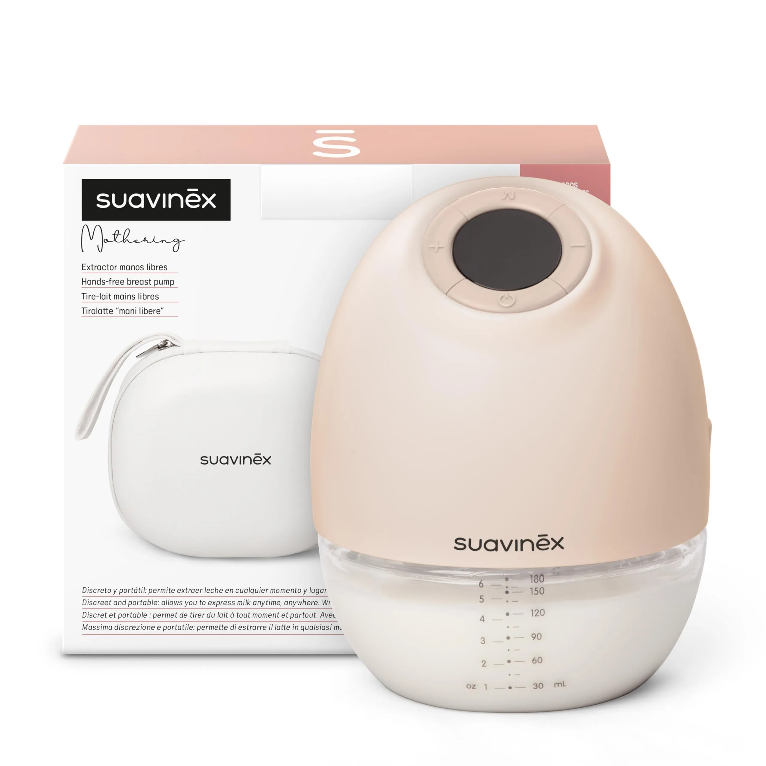 Suavinex, Tiralatte portatile, Tiralatte a mani libere, Senza cavi, con batteria, 3 modalità e 9 intensità di aspirazione, con adattatori, custodia e spazzolino, schermo LED, serbatoio da 180 ml