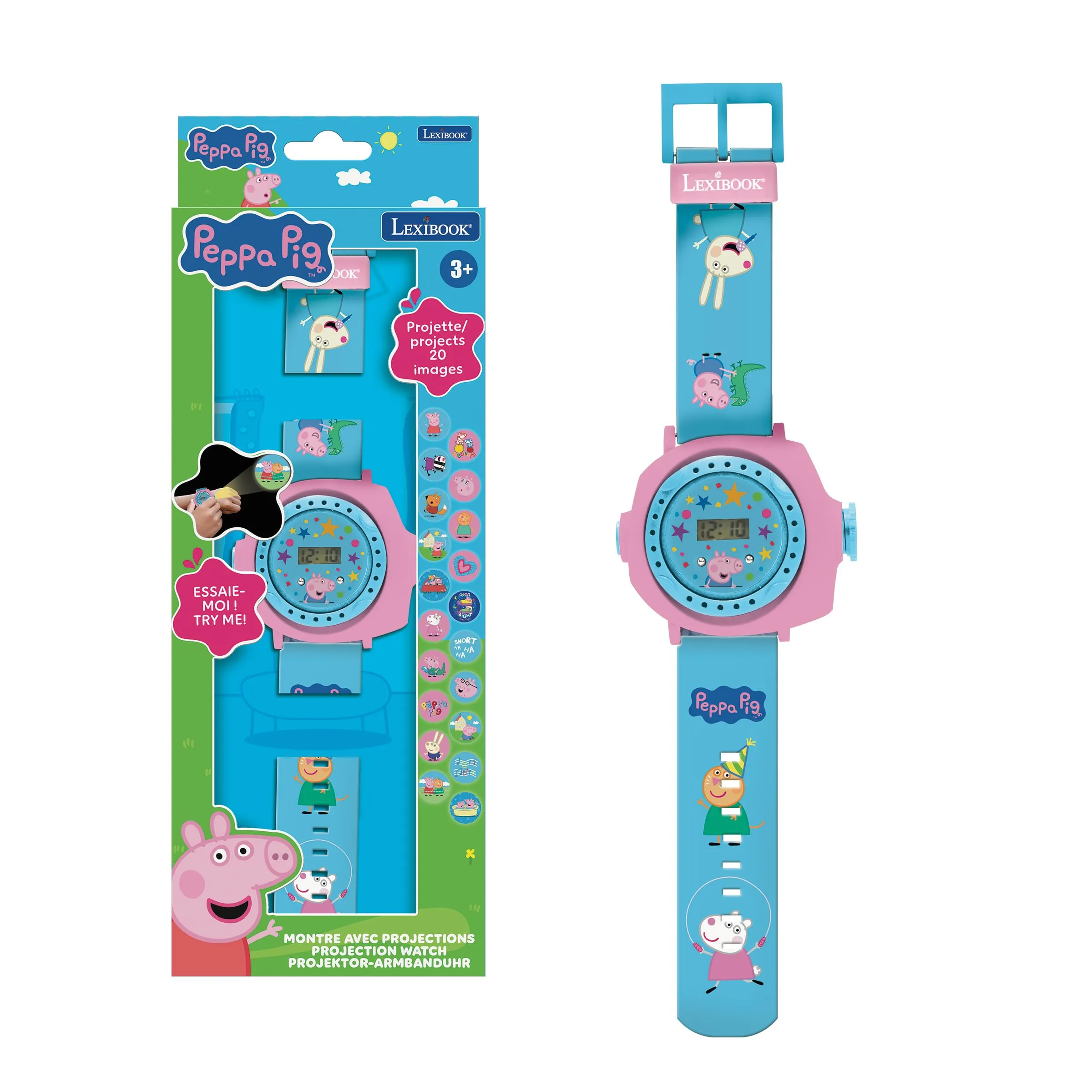 Lexibook, Peppa Pig, Orologio da polso regolabile con proiezioni, proietta 20 immagini di Peppa Pig, schermo digitale, per bambini, DMW050PP