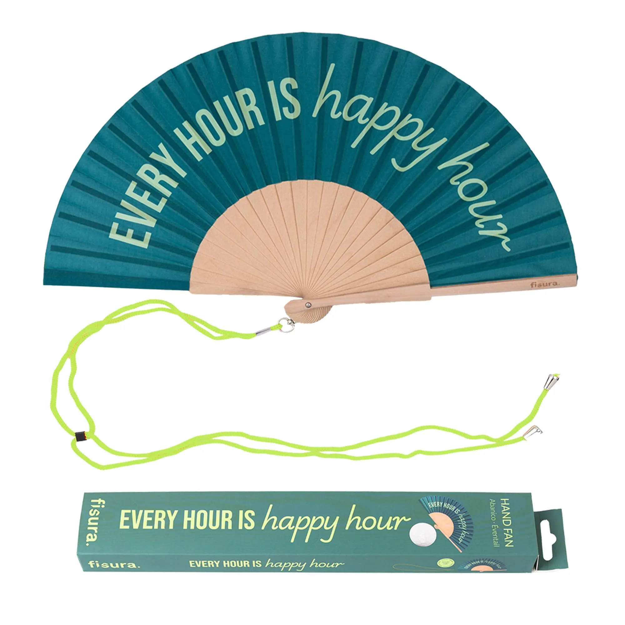 Fisura – Ventaglio in legno originale con messaggio “happy hour”. Accessorio moderno e colorato, ventaglio portatile verde con gancio incluso. Dimensioni: 42,5 x 23 cm