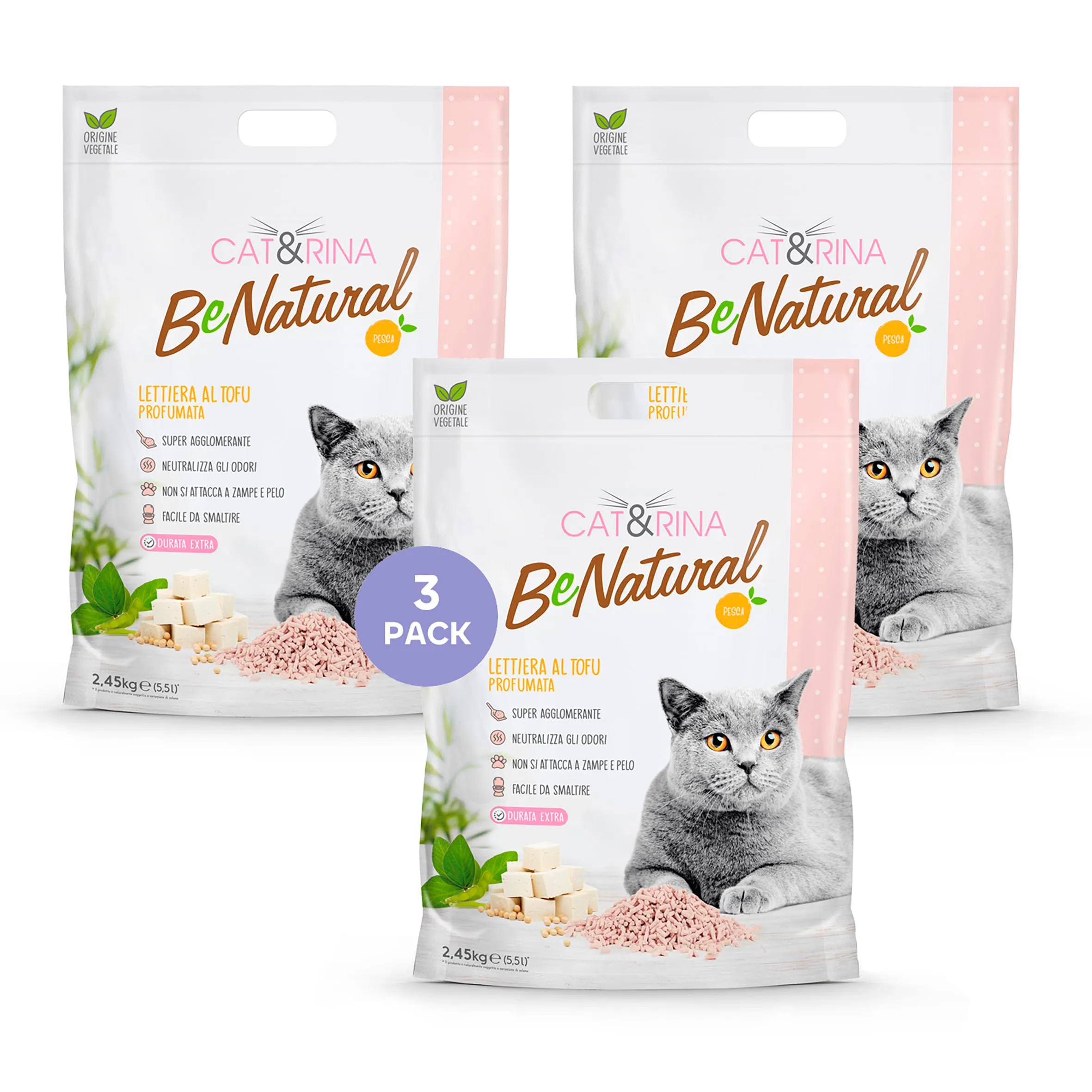 Cat&Rina BeNatural, lettiera per gatti al tofu da 5,5l Agglomerante e Vegetale. Fino a 30 giorni di utilizzo. Si smaltisce nell'organico o nel wc. Sabbia gatti anti odore Pesca, 3 pezzi