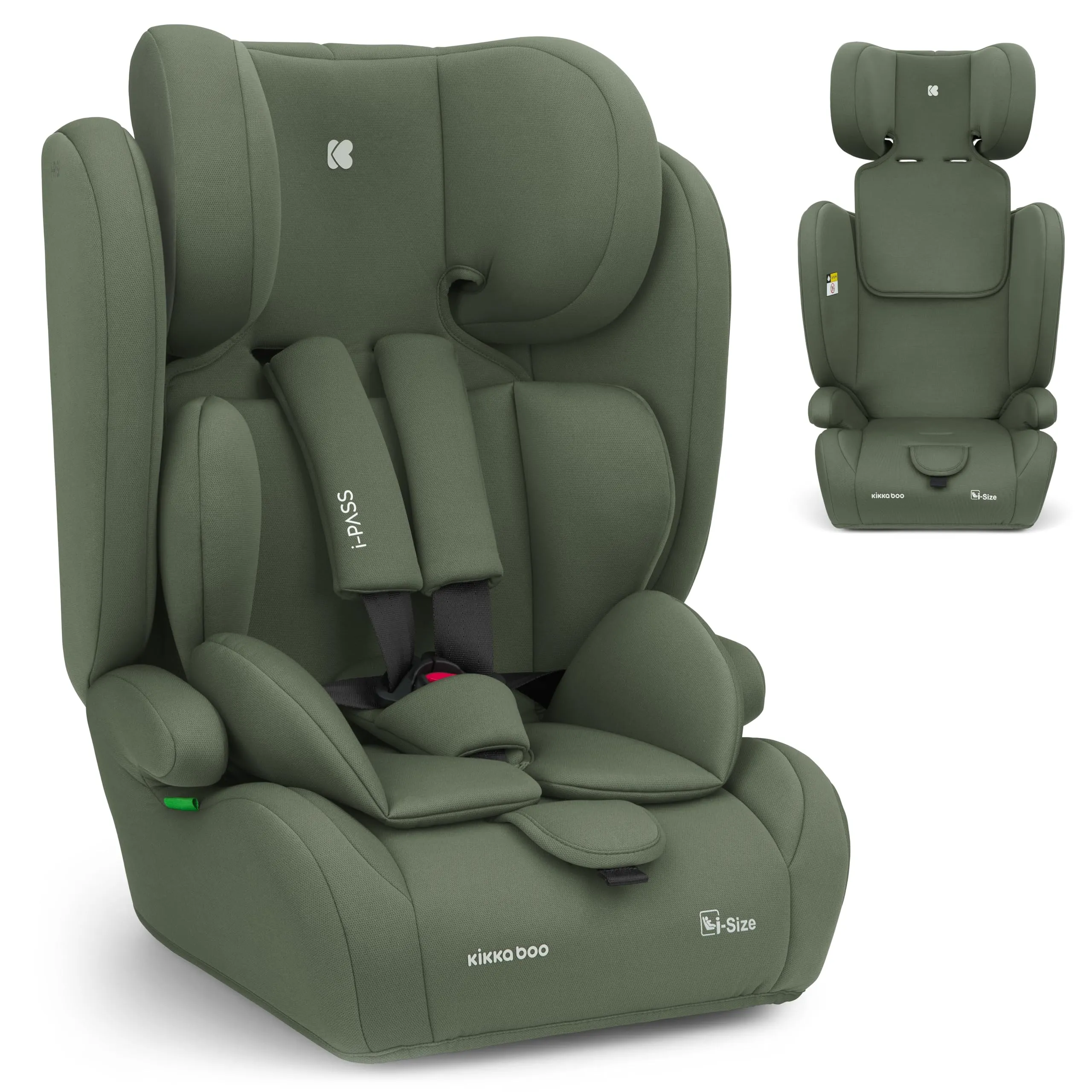 KikkaBoo Seggiolino Auto 9-36 kg i-PASS, Gruppo 1/2/3, Da 15 Mesi a 12 Anni, i-Size 76-150 cm, Poggiatesta Regolabile 13 Posizioni, Verde militare