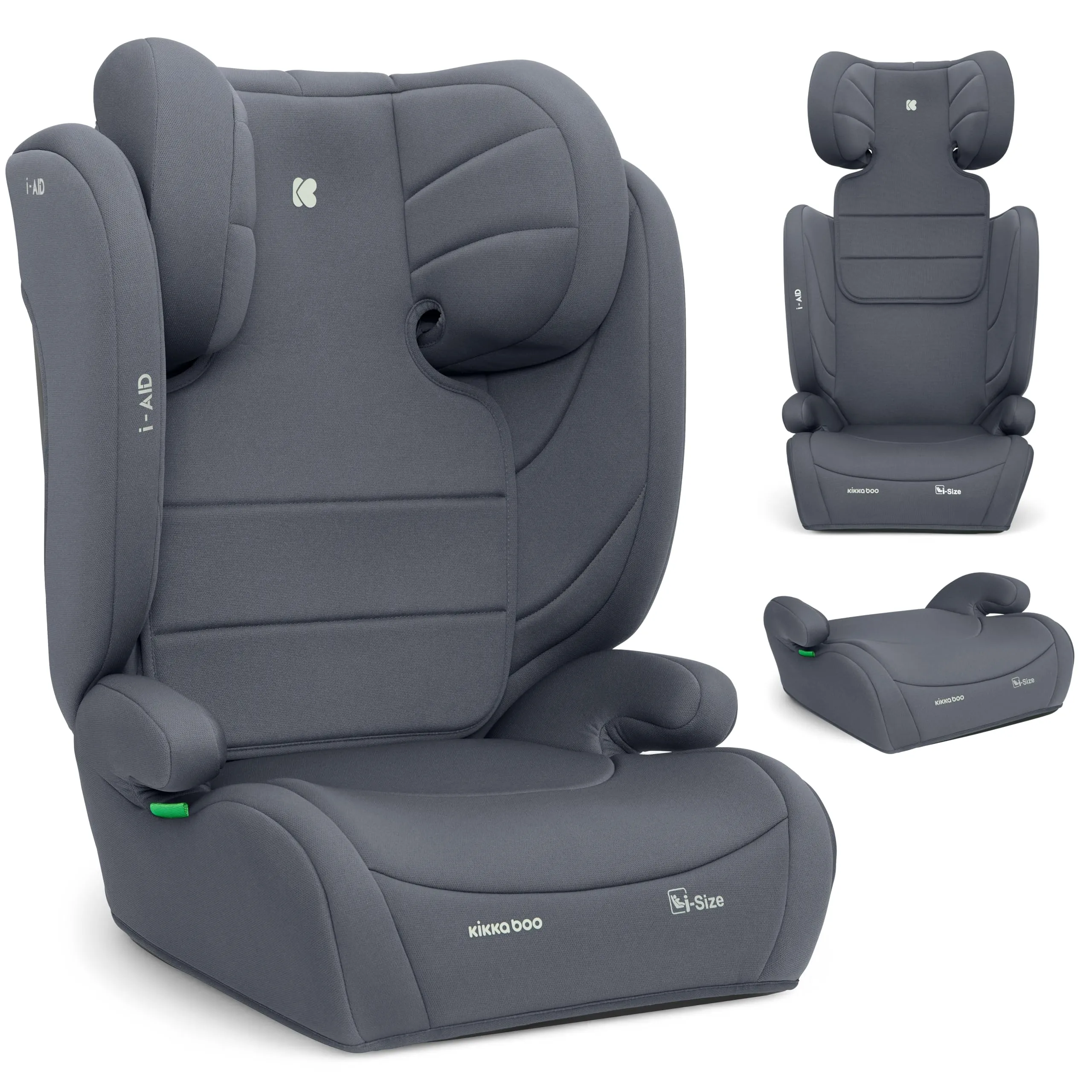 KikkaBoo Seggiolino Auto 15-36 kg i-AID, Gruppo 2/3, i-Size 100-150 cm, da 3,5 a 12 Anni, Poggiatesta Regolabile 13 Posizioni, Grigio
