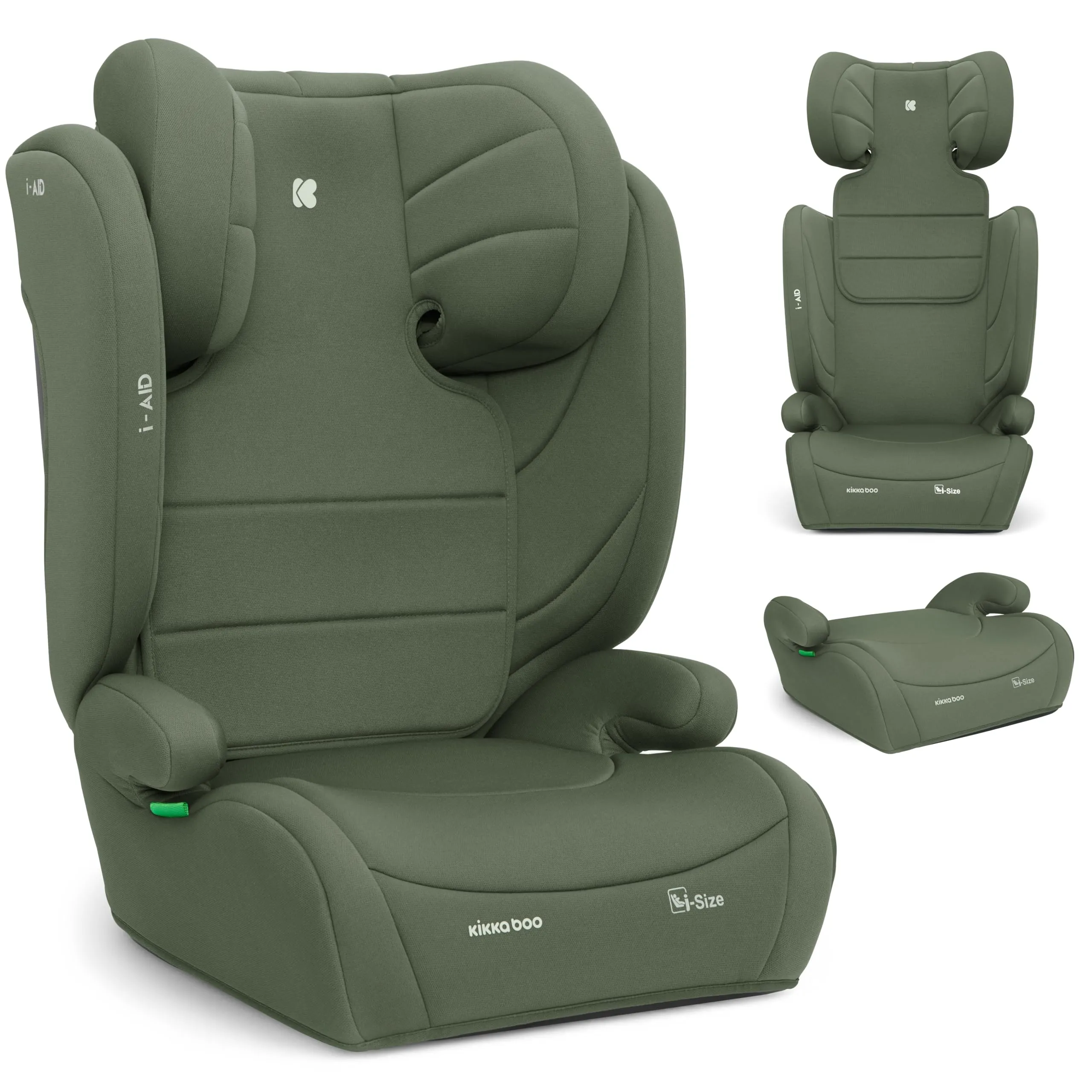 KikkaBoo Seggiolino Auto 15-36 kg i-AID, Gruppo 2/3, i-Size 100-150 cm, da 3,5 a 12 Anni, Poggiatesta Regolabile 13 Posizioni, Verde militare