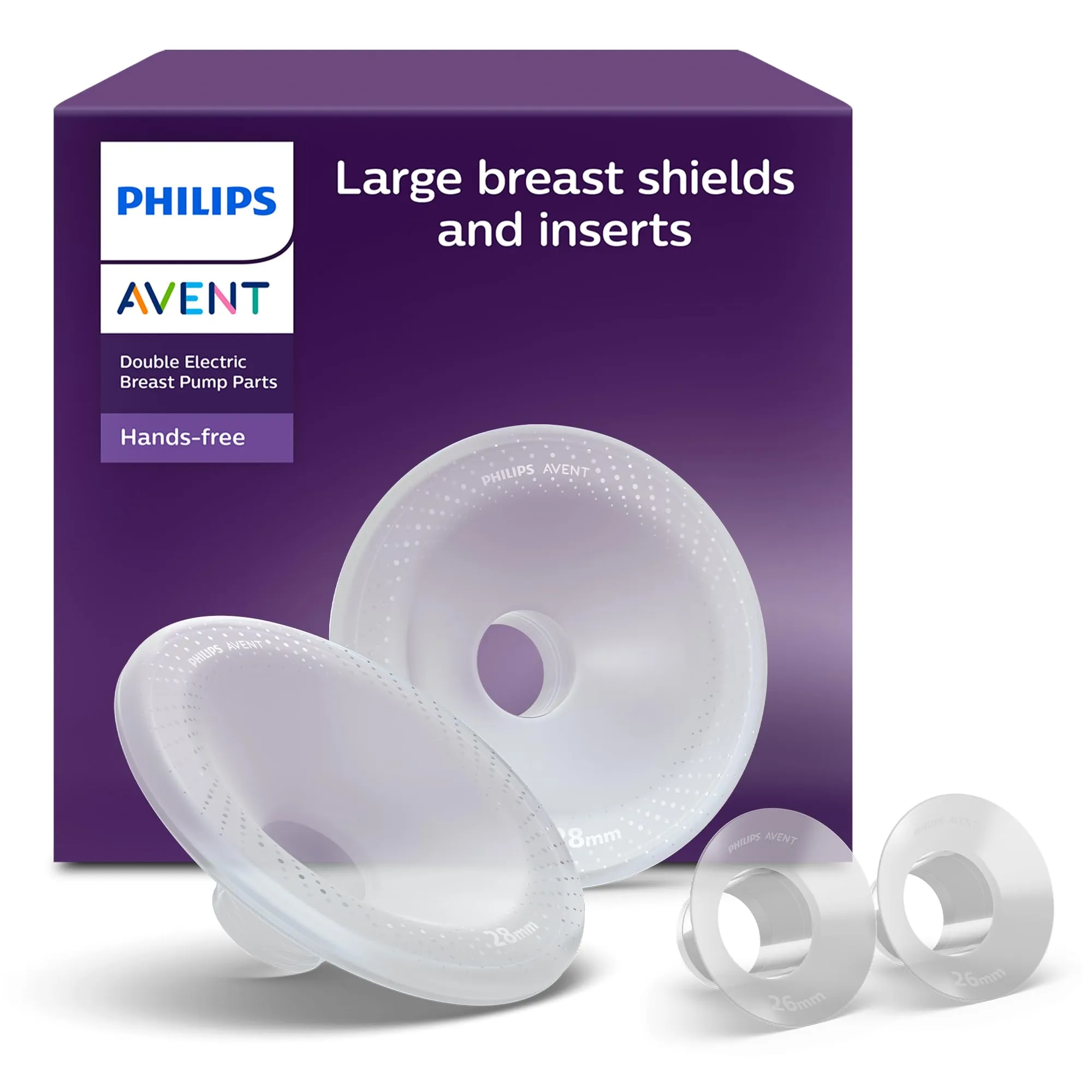Philips Coppe larghe per il seno 28mm e inserti 26mm per tiralatte elettrico indossabile Philips Avent, esclusive coppe per il seno SkinSense, compatibili con le coppette di raccolta, SCF552/11