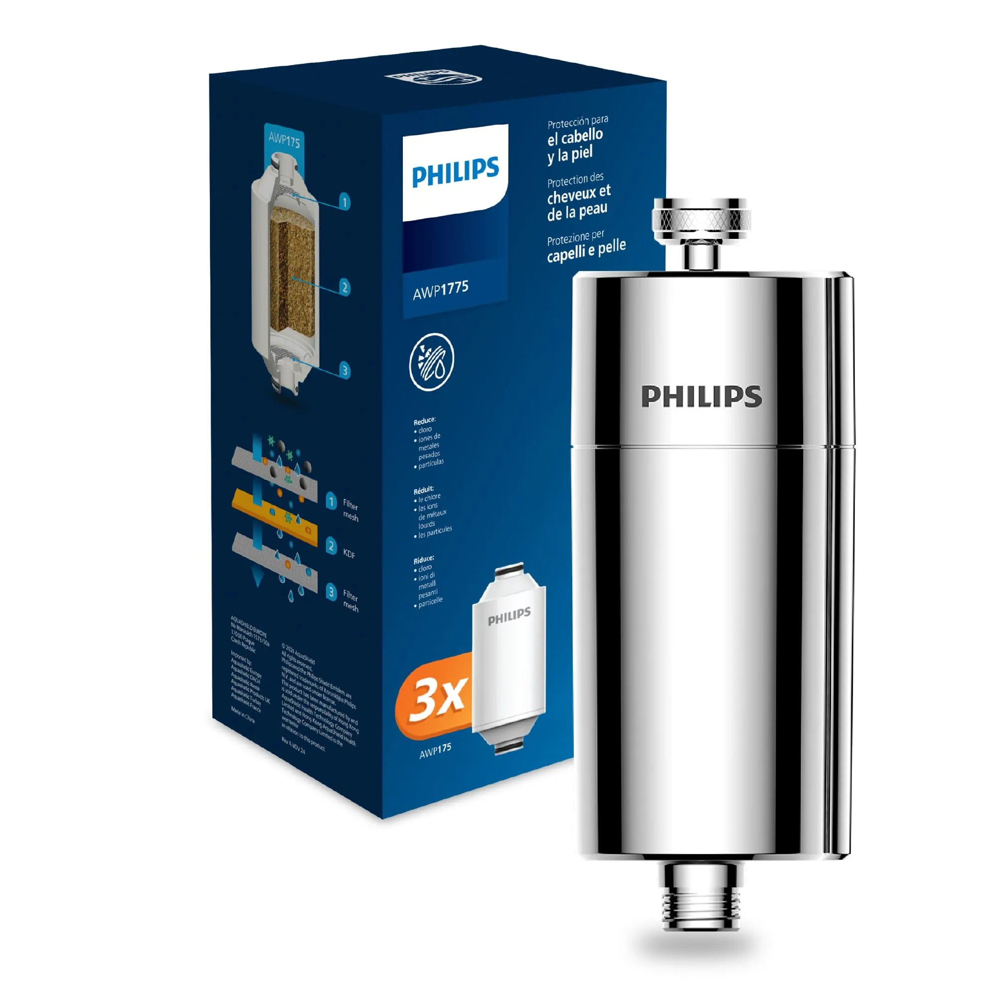 Philips Water Filtro da doccia In-Line con 3 confezioni di ricambio, riduce il cloro fino al 99%, facile da installare, compatibile con tutti i tubi e rubinetti standard, Cromo, capacità 50.000 L