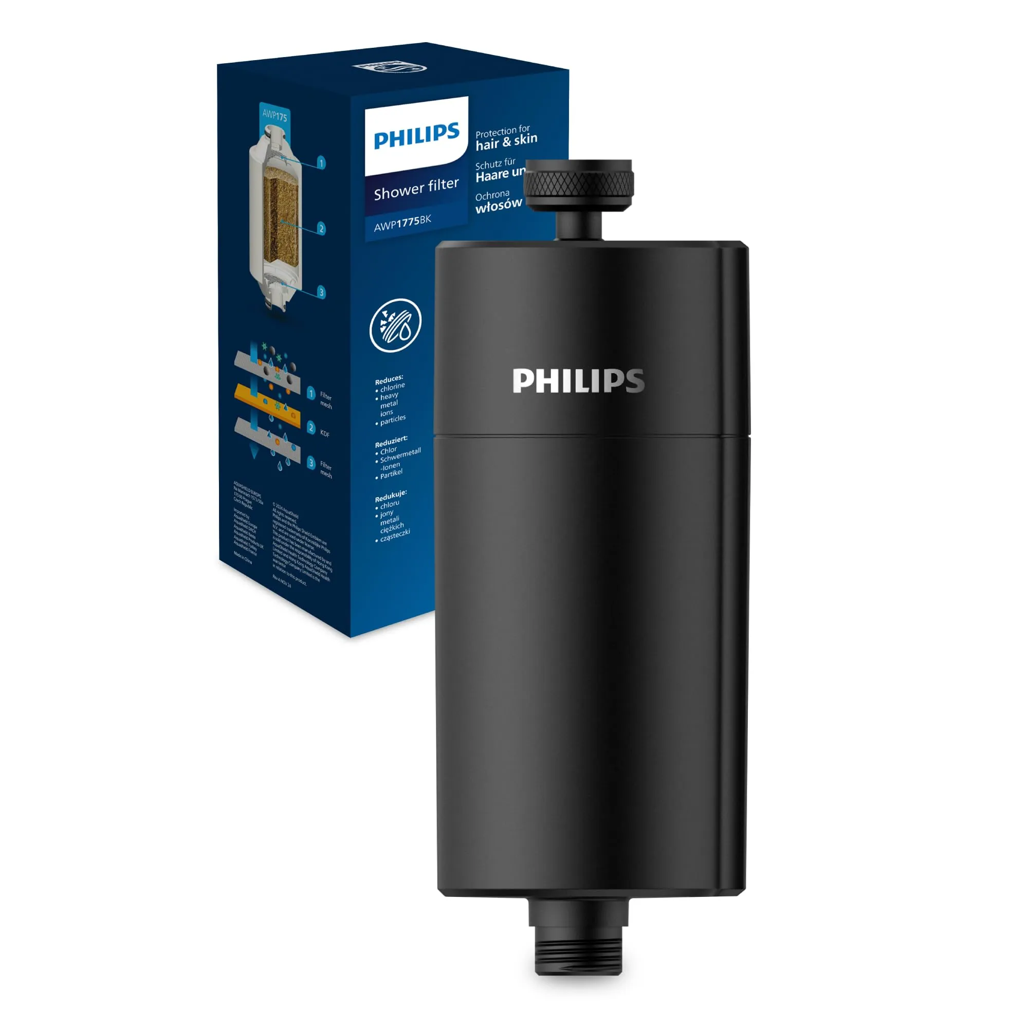 Philips Filtro da doccia Water In-Line con 1 confezione di ricambio, filtrazione 50 000 L, Nero, riduce il cloro fino al 99%, facile da installare, adatto a tutti i tubi e rubinetti standard