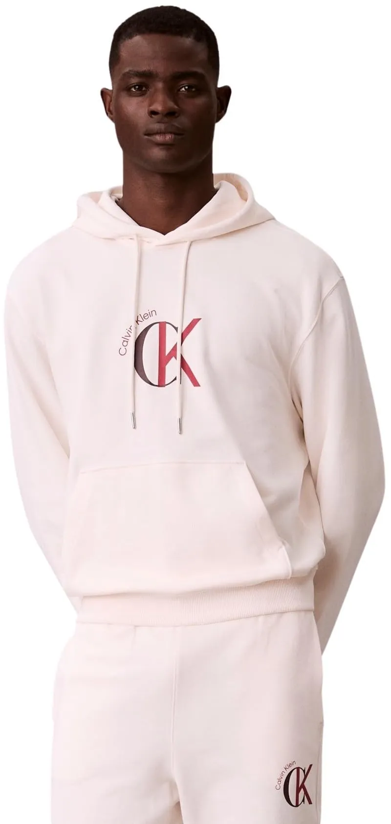 Calvin Klein Uomo Felpa con Cappuccio Terry Graphic con Tasca a Marsupio, Bianco (White Greige), L