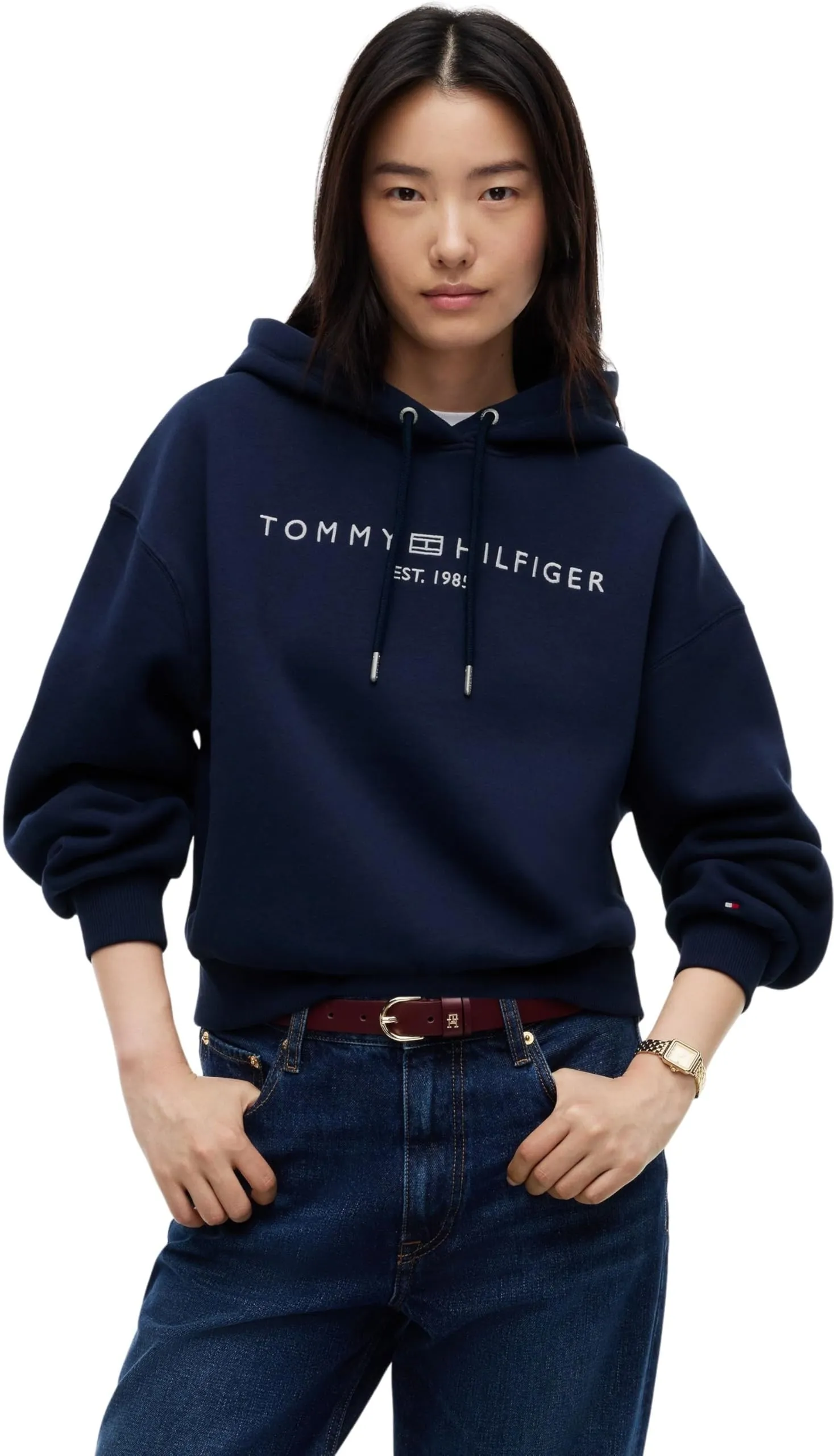 Tommy Hilfiger Donna Felpa con Cappuccio Corp Logo con Orlo in Maglia a Costine, Blu (Dark Blue), XL