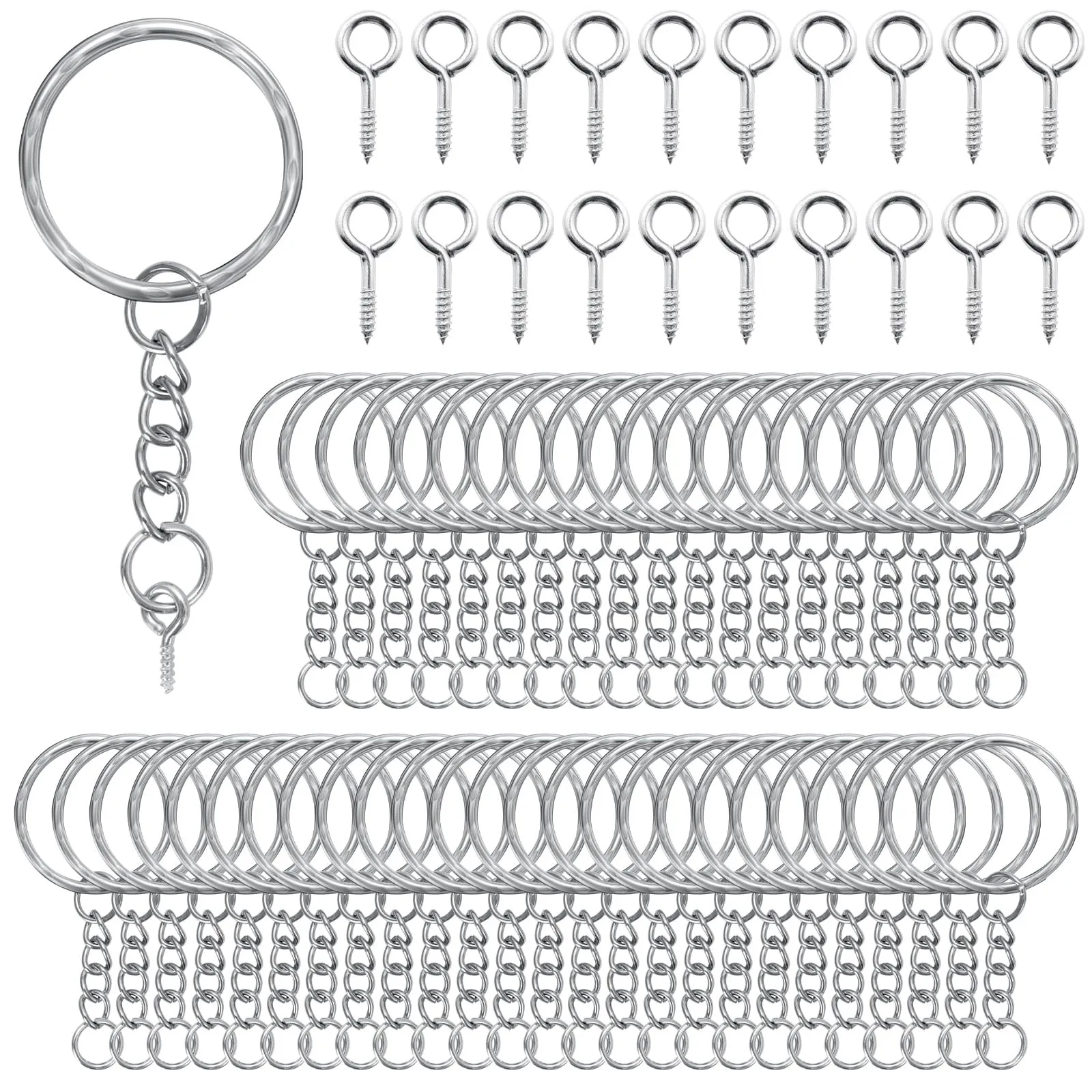AiQInu 100 Pezzi 25mm Anelli Portachiavi con Catena e Bullone ad occhio, Anelli per Portachiavi con Catenella Split, Portachiavi Fai da Te per Porta Chiavi Mestieri Lavori di Bricolage - Argento