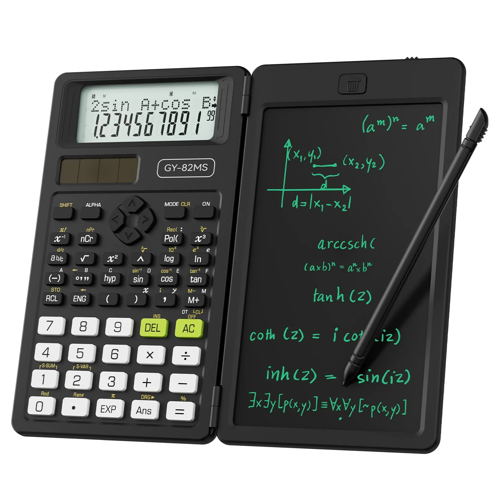 NEWYES Calcolatrice scientifica, calcolatrice ingegneristica 82MS con tavoletta da scrittura e penna inclusa, 240 funzioni, display a 2 righe, forniture per scuole medie e superiori, nero