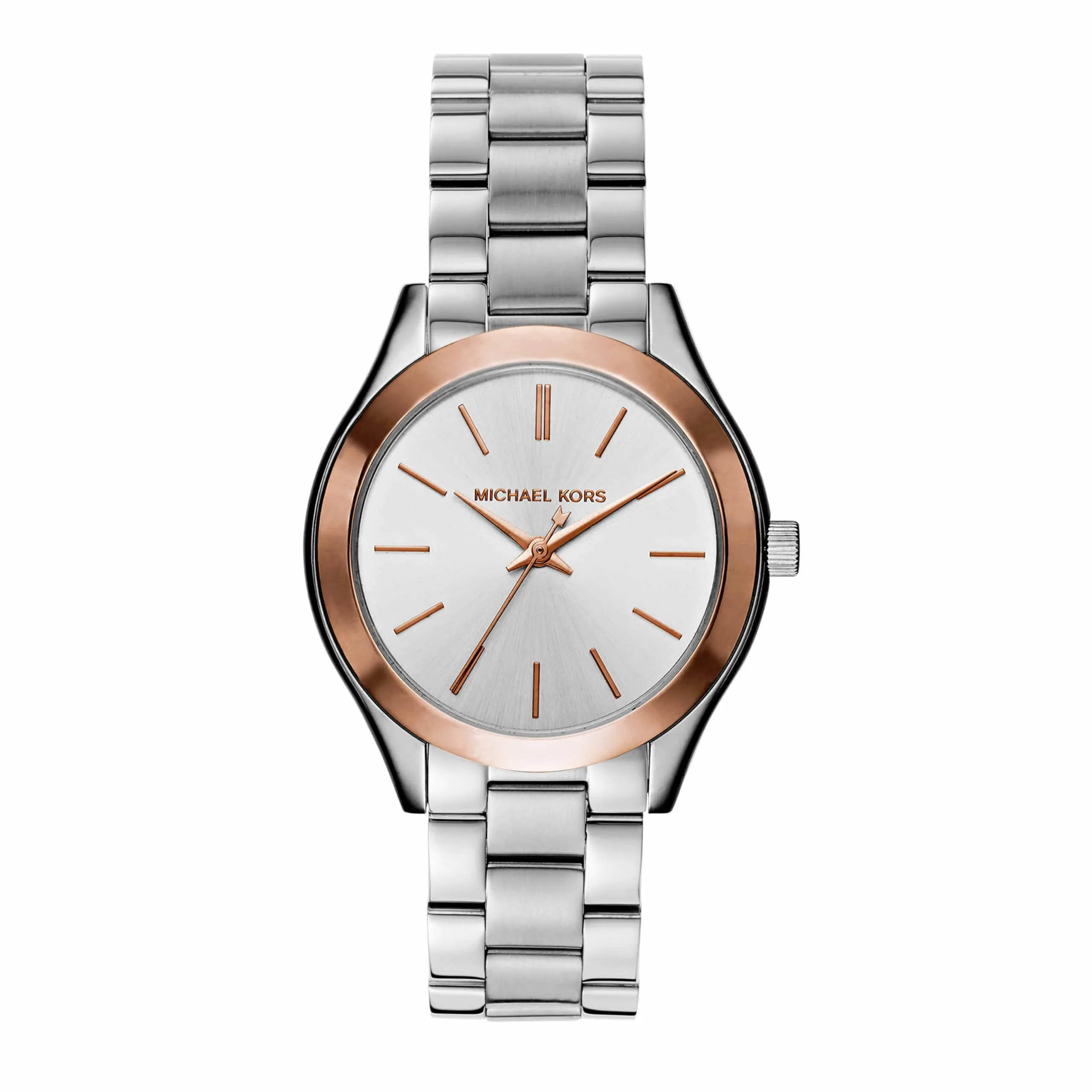Michael Kors Orologio Slim Runway da donna, Movimento al quarzo a tre lancette da 33 mm con cinturino in acciaio inossidabile, Tono argento e tono oro rosa