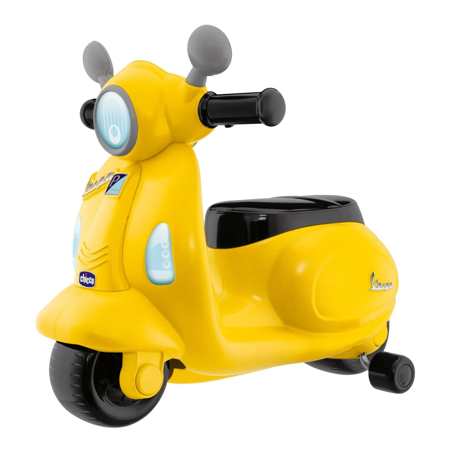 Chicco Vespa per Bambini, Moto Giocattolo Cavalcabile con Pannello Elettronico, Luci e Suoni, Ruote di Supporto Rimuovibili, Max 25 Kg - Giochi per Bambini 1-3 Anni, Giallo
