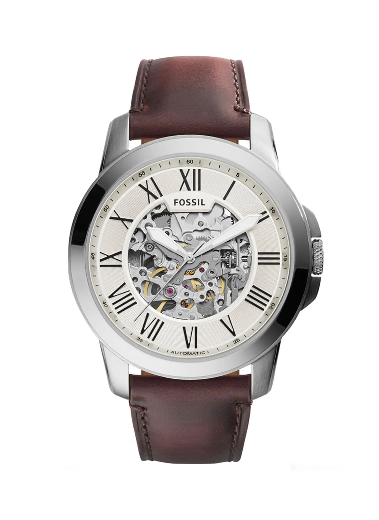 Fossil Orologio Grant da uomo, movimento meccanico automatico, cassa in acciaio inossidabile argento da 45 mm con cinturino in pelle, ME3099