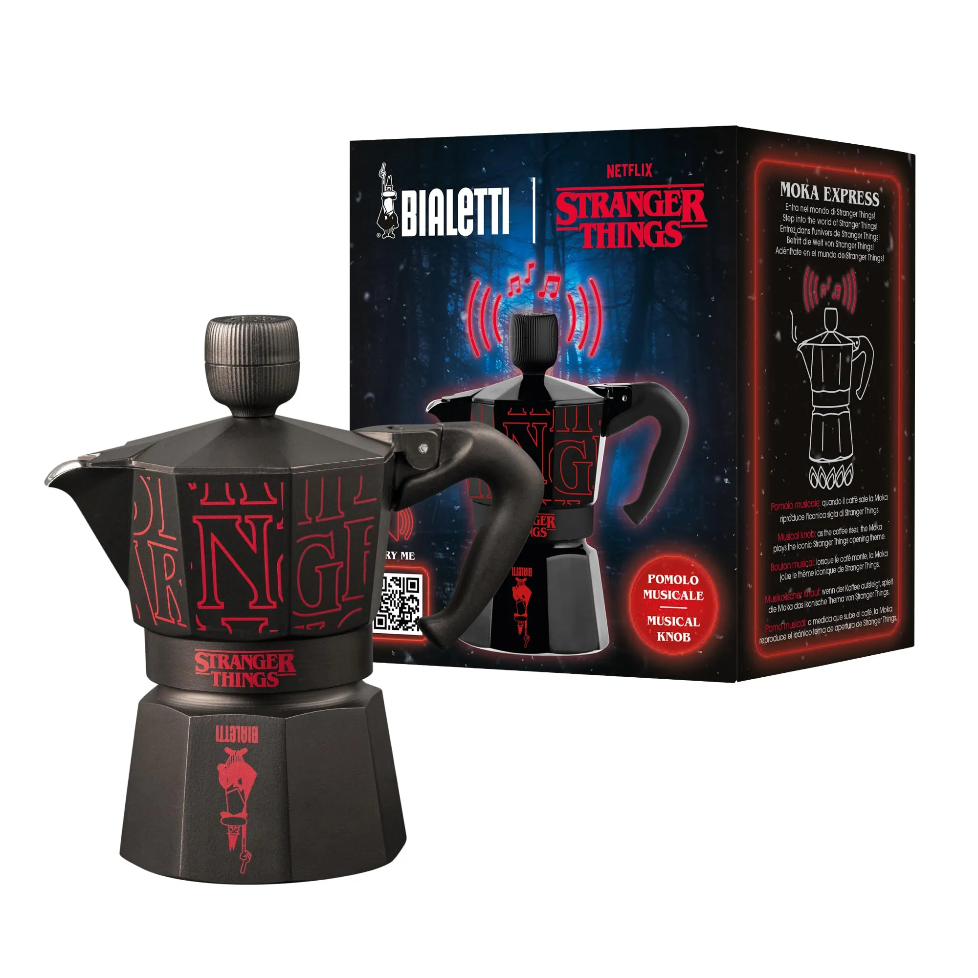 Bialetti Moka Express Stranger Things 3 Tazze, Pomolo Musicale con ricarica USB C, Non adatta ad induzione, 3 Tazze (130ml), Nero