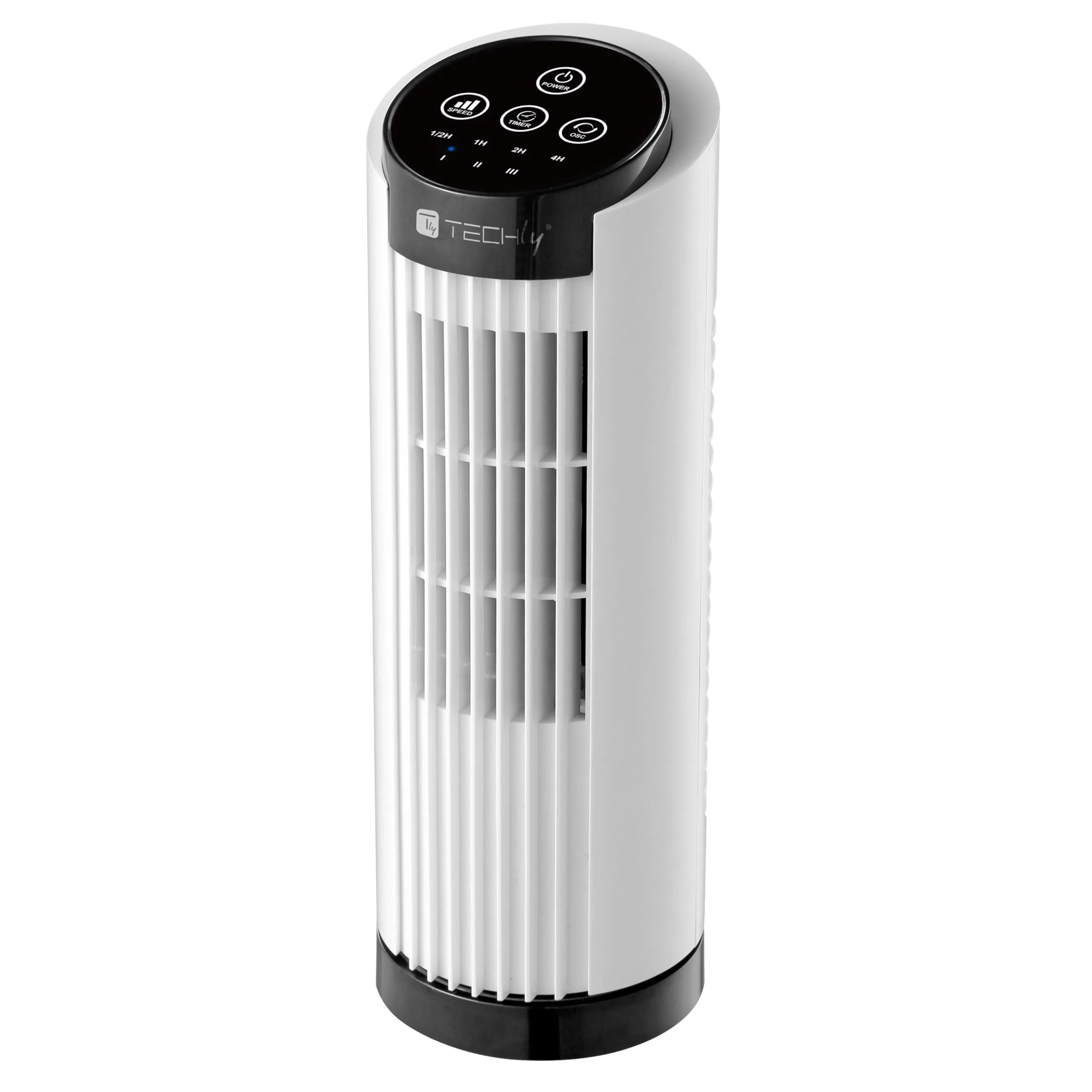 Techly 621642 Mini Ventilatore a Torre 13" 3 velocità con Interruttore Touch Oscillazione 70° e Timer Bianco
