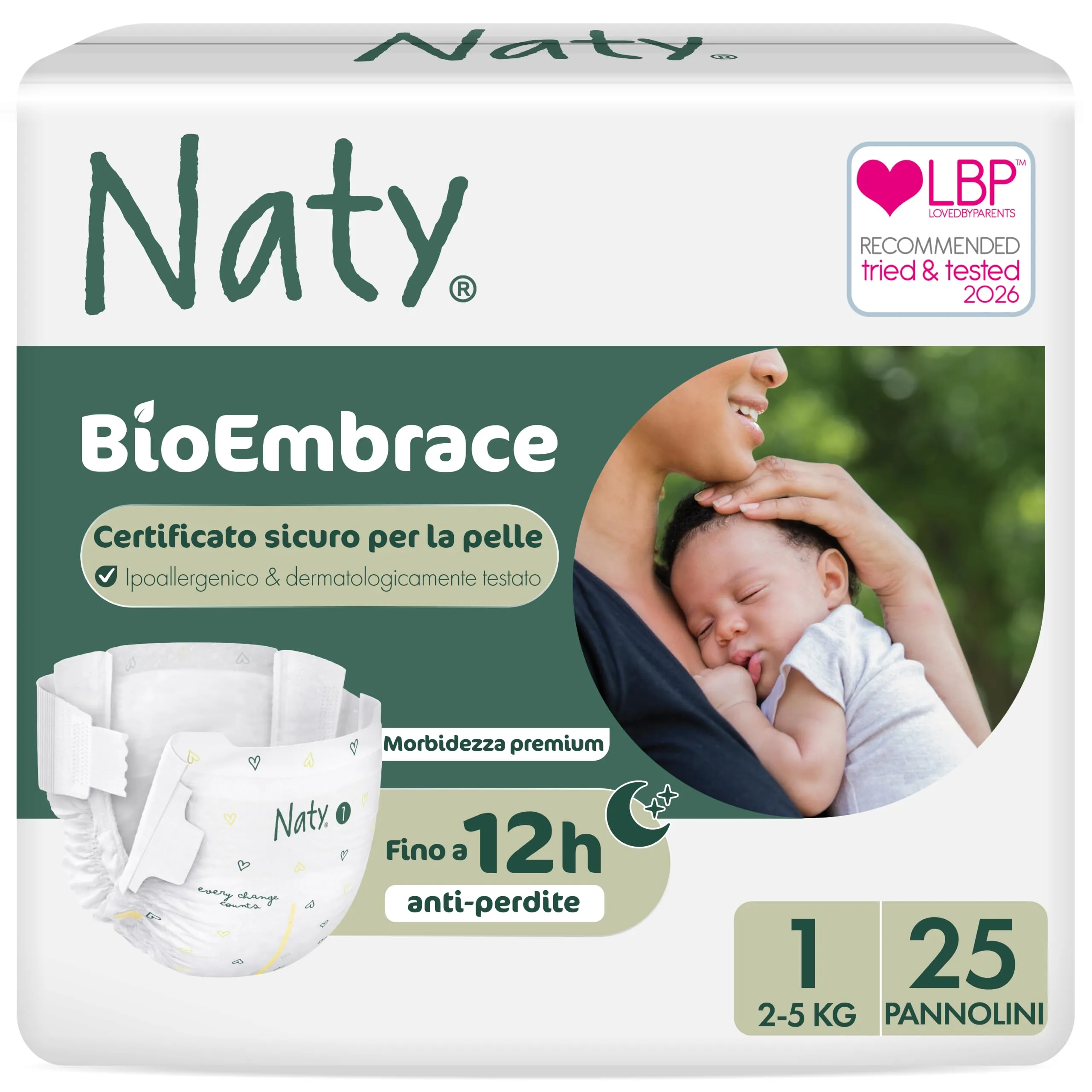 Naty BioEmbrace Pannolini Neonato, Taglia 1 (2–5kg), 25 pezzi