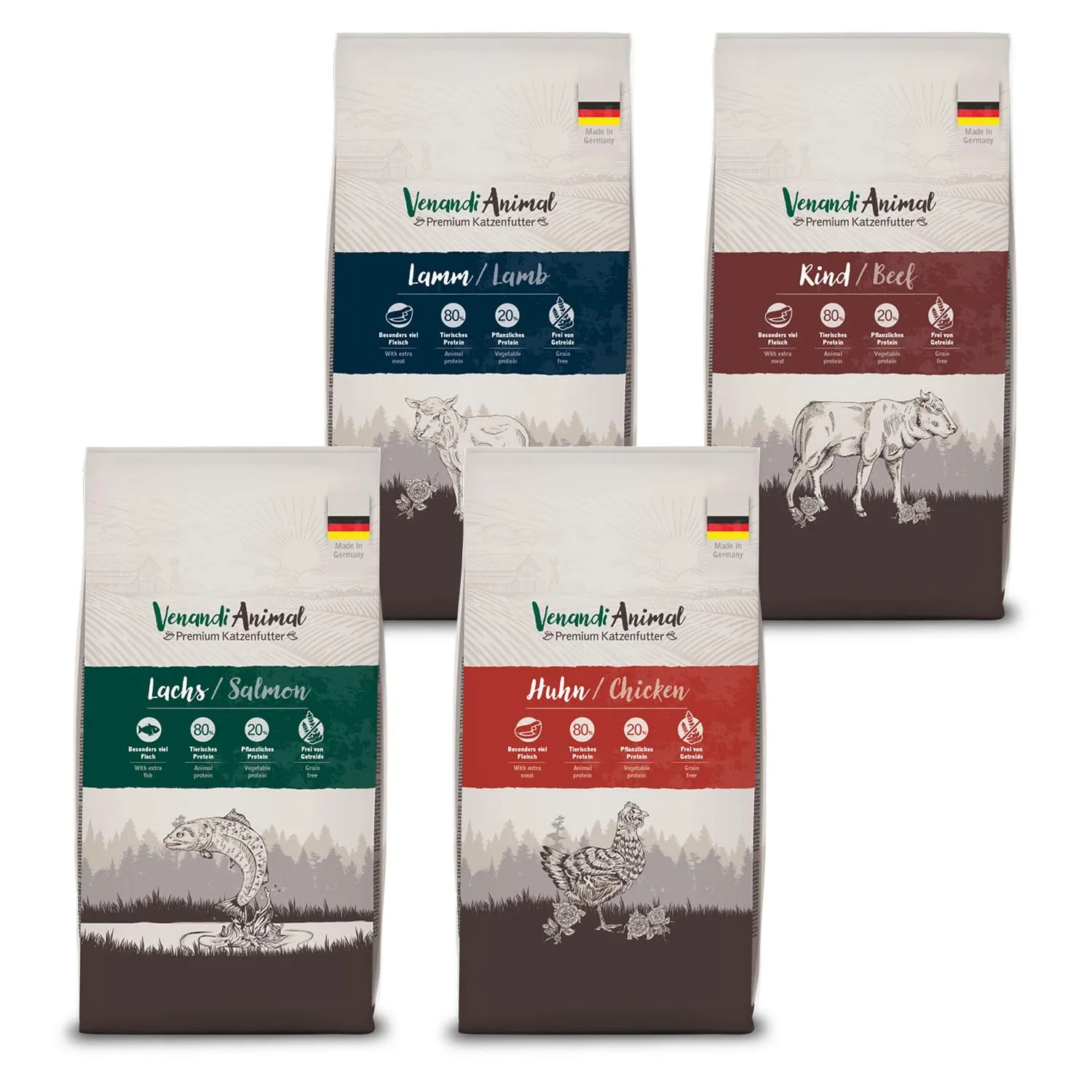 Venandi Animal, Alimento secco di qualità superiore per gatti, confezione degustazione agnello, senza cereali con carne e pesce, 4 confezioni da 1,5 kg