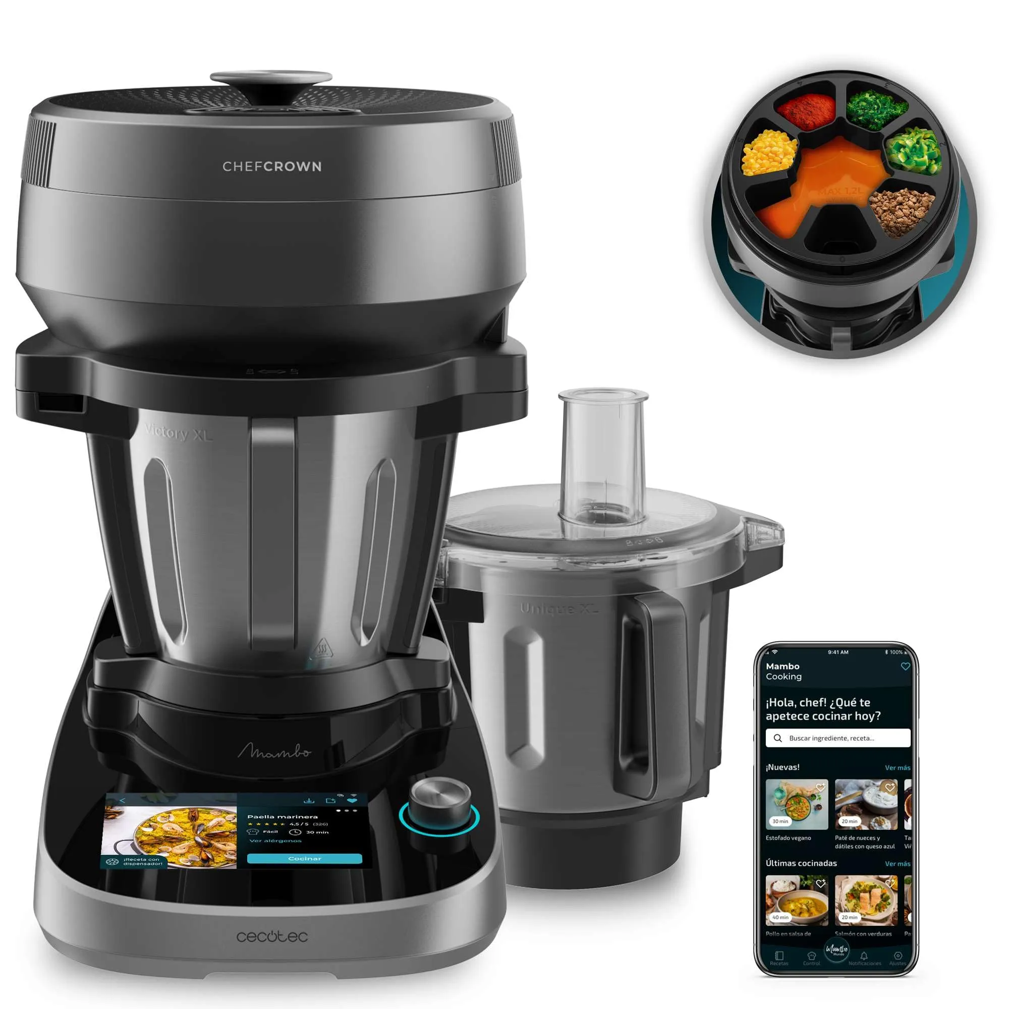 Cecotec Robot da Cucina Multifunzione Mambo CooKing Total Gourmet. 2200W, 45 Funzioni, Autodispenser, Acciaio Inox, Brocche Unique e Victory 4.5L, Schermo Touch, Connettività App, AutoCleaning