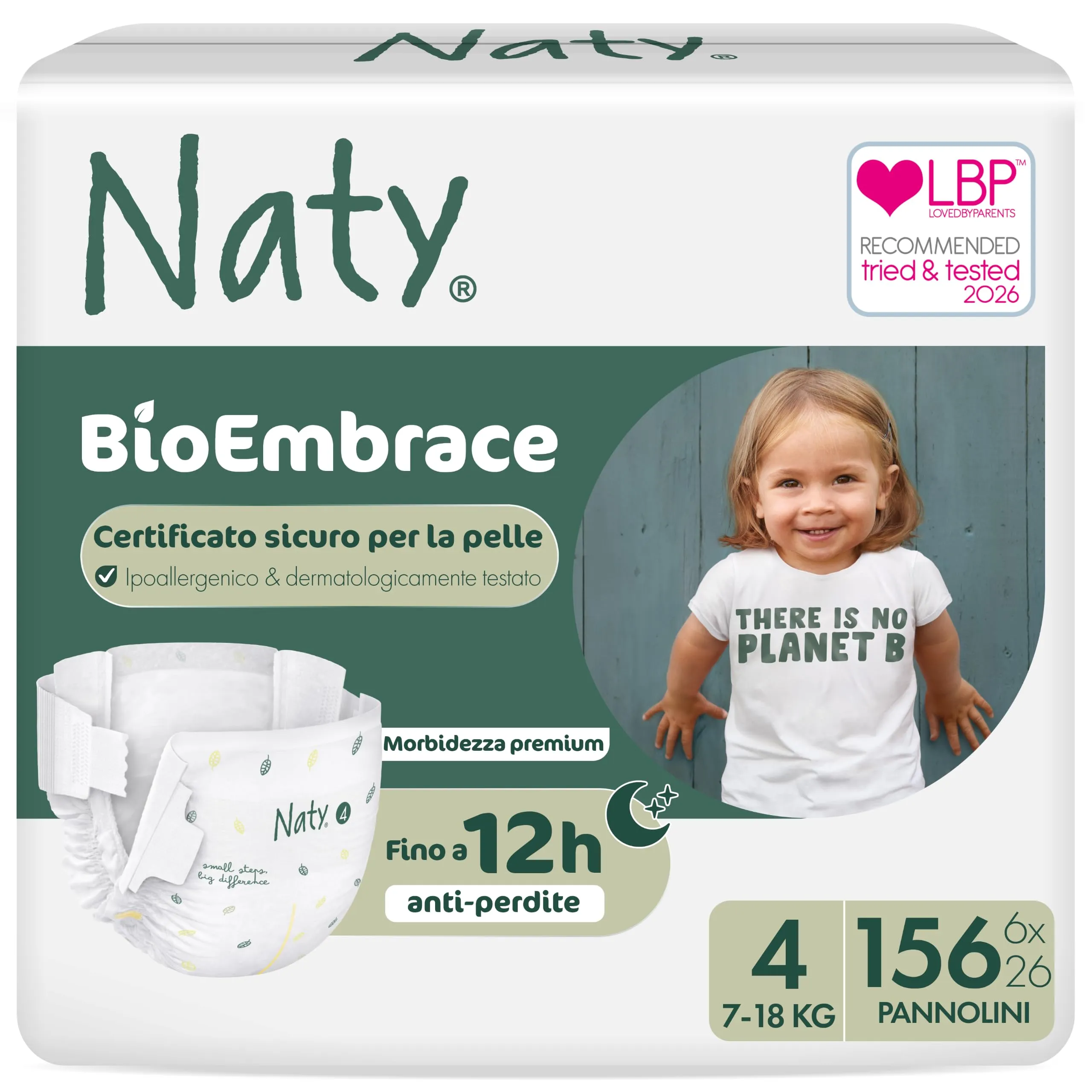 Naty BioEmbrace Pannolini, Taglia 4 (7–18kg), 156 pezzi