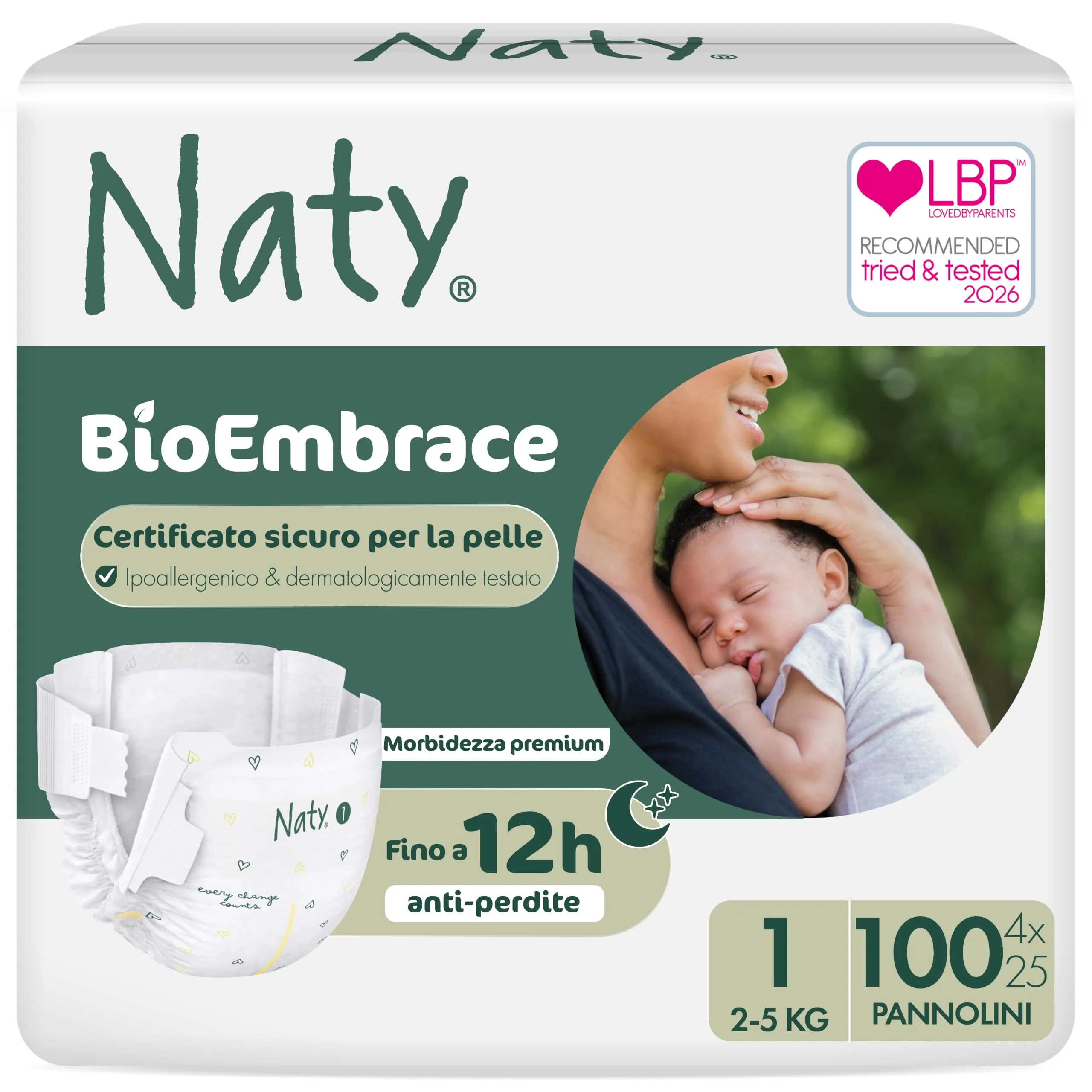 Naty BioEmbrace Pannolini Neonato, Taglia 1 (2–5kg), 100 pezzi