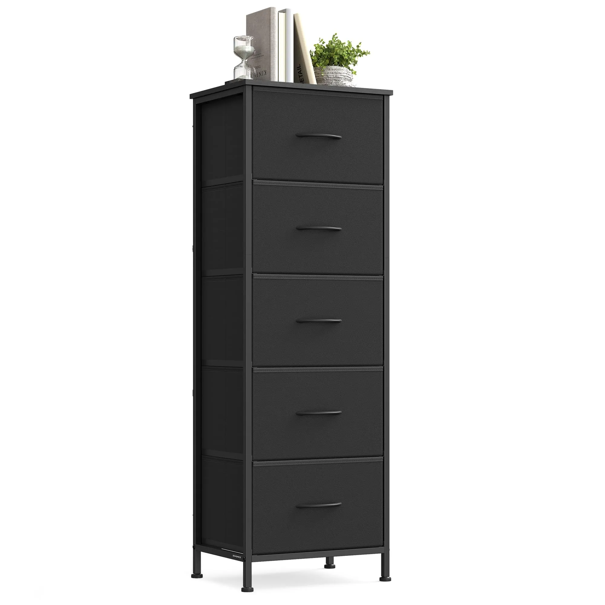 SONGMICS BELLAH Collezione - Cassettiera con 5 Cassetti in Tessuto, Acciaio, MDF, Tessuto Non Tessuto, per Camera da Letto, Armadio, Corridoio e Soggiorno, Nero Inchiostro e Nero Ebano LGS315BH03