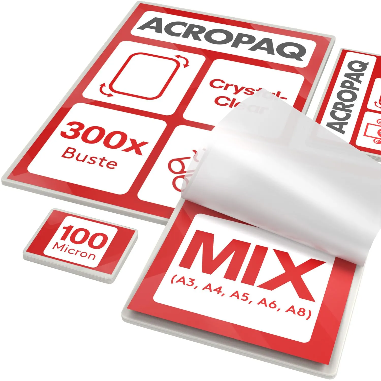 ACROPAQ Fogli plastificatrice MIX - Diversi formati, 100 micron, 300 pezzi (50 x A3, A5, A6, A8), (100 x A4), Qualità premium, Superficie lucida, Angoli arrotondati - Plastificare fogli
