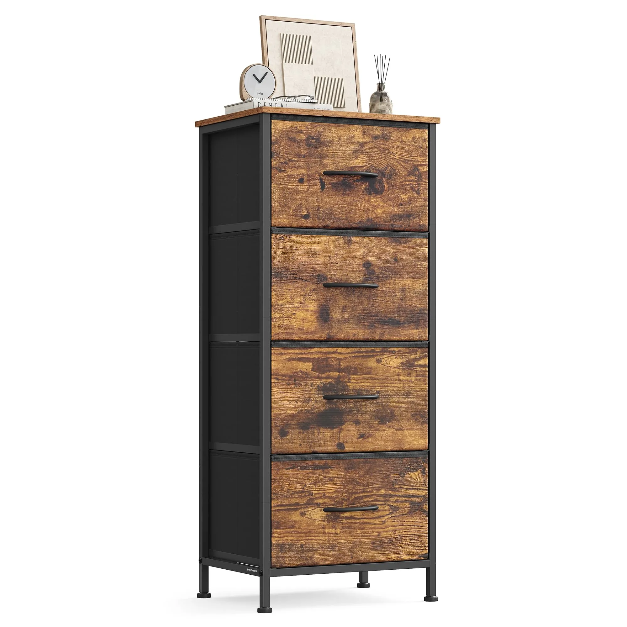 SONGMICS BELLAH Collezione - Cassettiera con 4 Cassetti in Tessuto, Acciaio, MDF, Tessuto Non Tessuto, per Camera da Letto, Armadio, Corridoio e Soggiorno, Marrone Rustico e Nero Inchiostro LGS314BH04