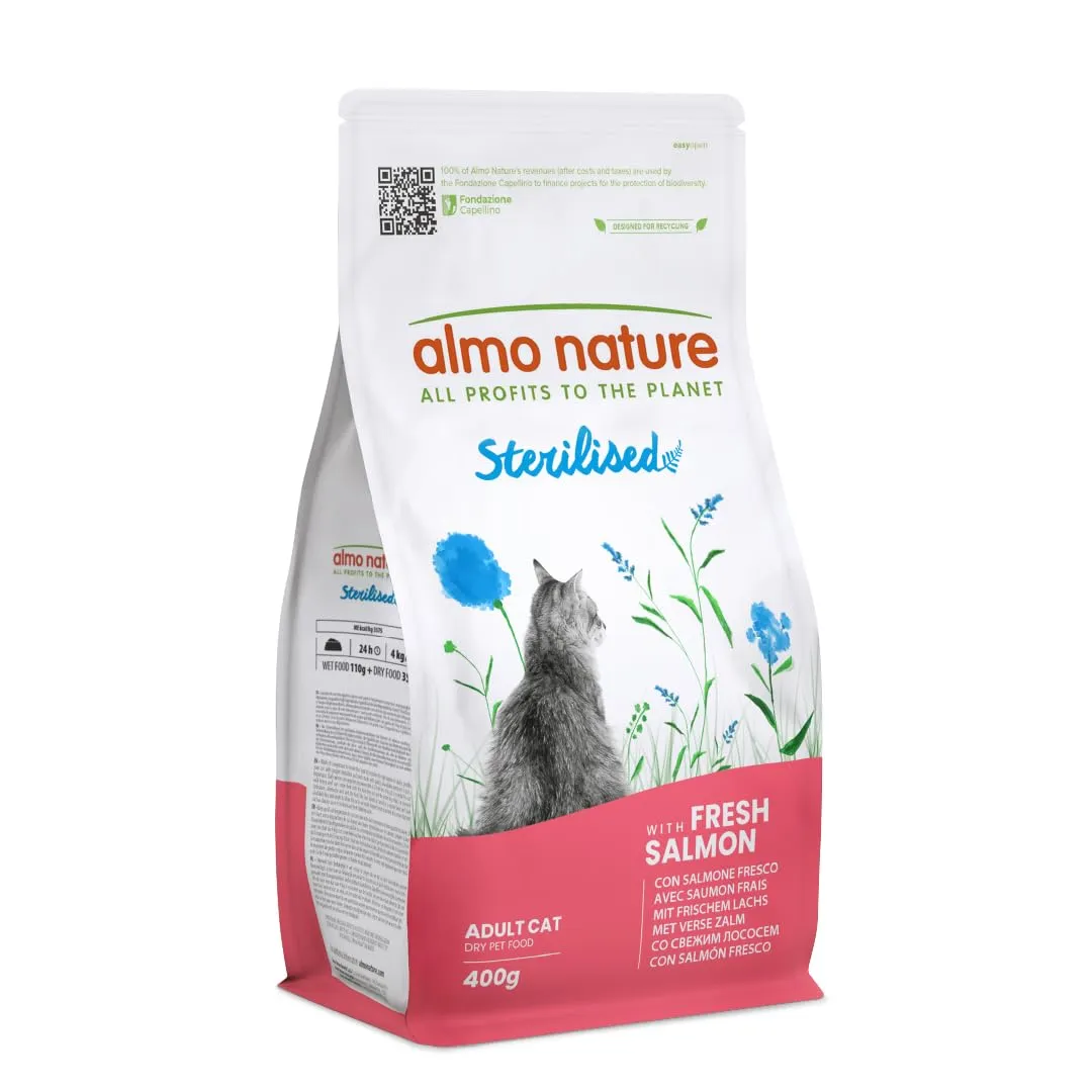 Almo Nature Sterilised - Crocchette Gatto Sterilizzato con Salmone Fresco - A Basso Contenuto di Magnesio e con Fibre per il Controllo del Peso - Sacco da 400g