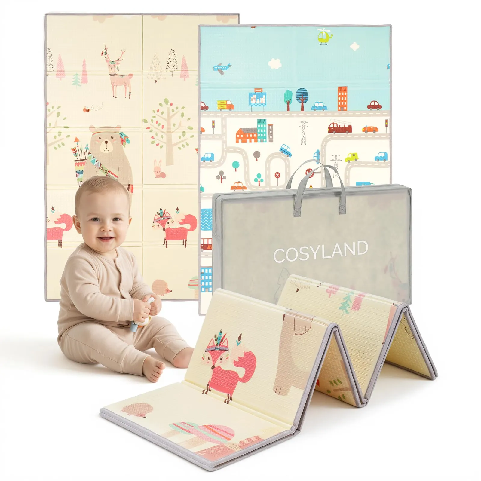 COSYLAND Tappeto Gioco Bambini Pieghevole, 120 x 180 x 1 CM, Orso e Città