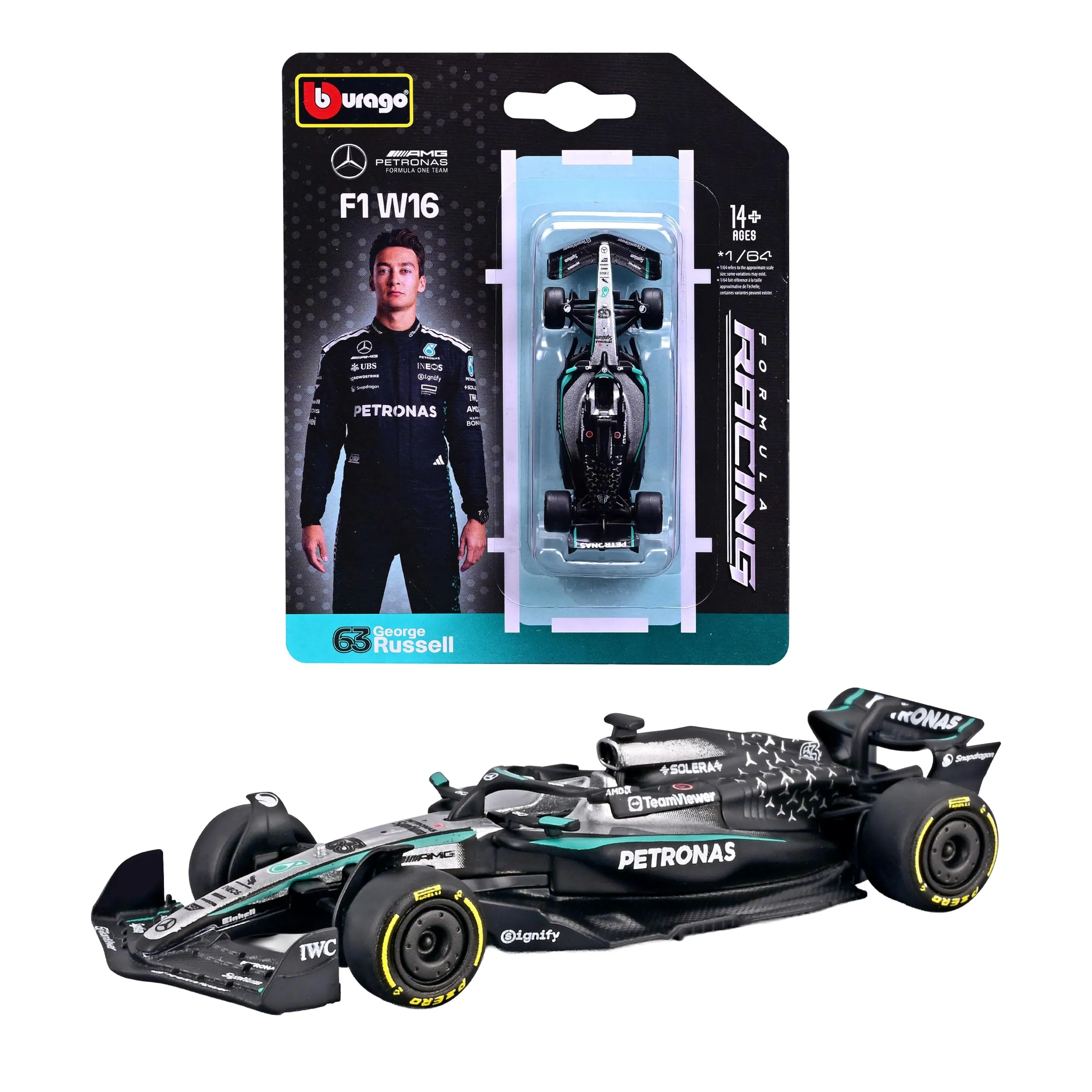 Bburago - F1 Mercedes-AMG F1 W16 2025#63 George Russell, Auto Diecast in Scala 1:64, Replica Dettagliata Monoposto Formula 1, Colori Ufficiali, Blister da Collezione, Età Consigliata 14+ Anni